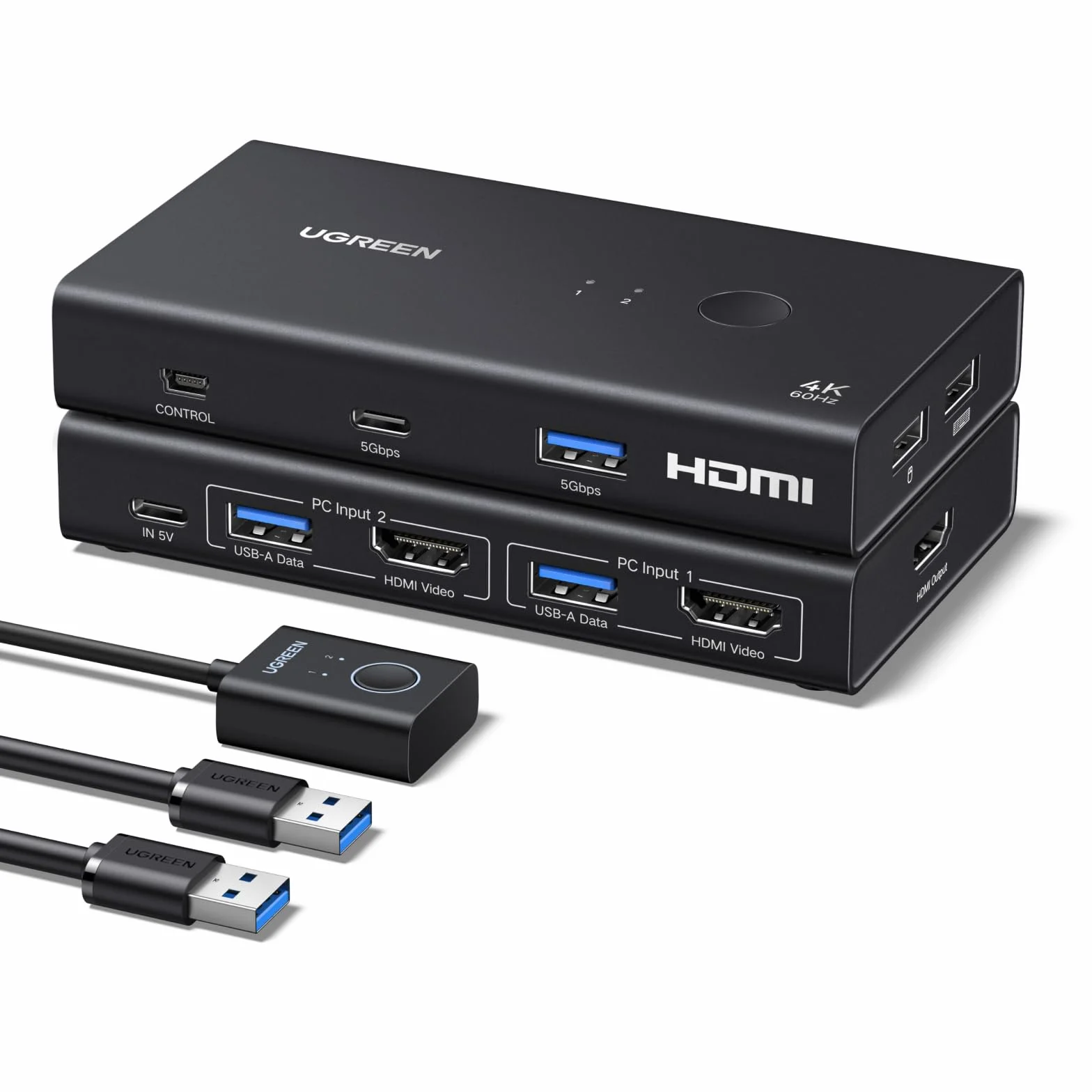 UGREEN Przełącznik KVM HDMI 2.0 2 komputery 1 monitor 4K@60Hz z 4 portami USB 3.0 (3*USB A+ USB C) Przełączanie klawiatury i kontrolera pulpitu Kompatybilny z systemami Windows/Linux/MacOS