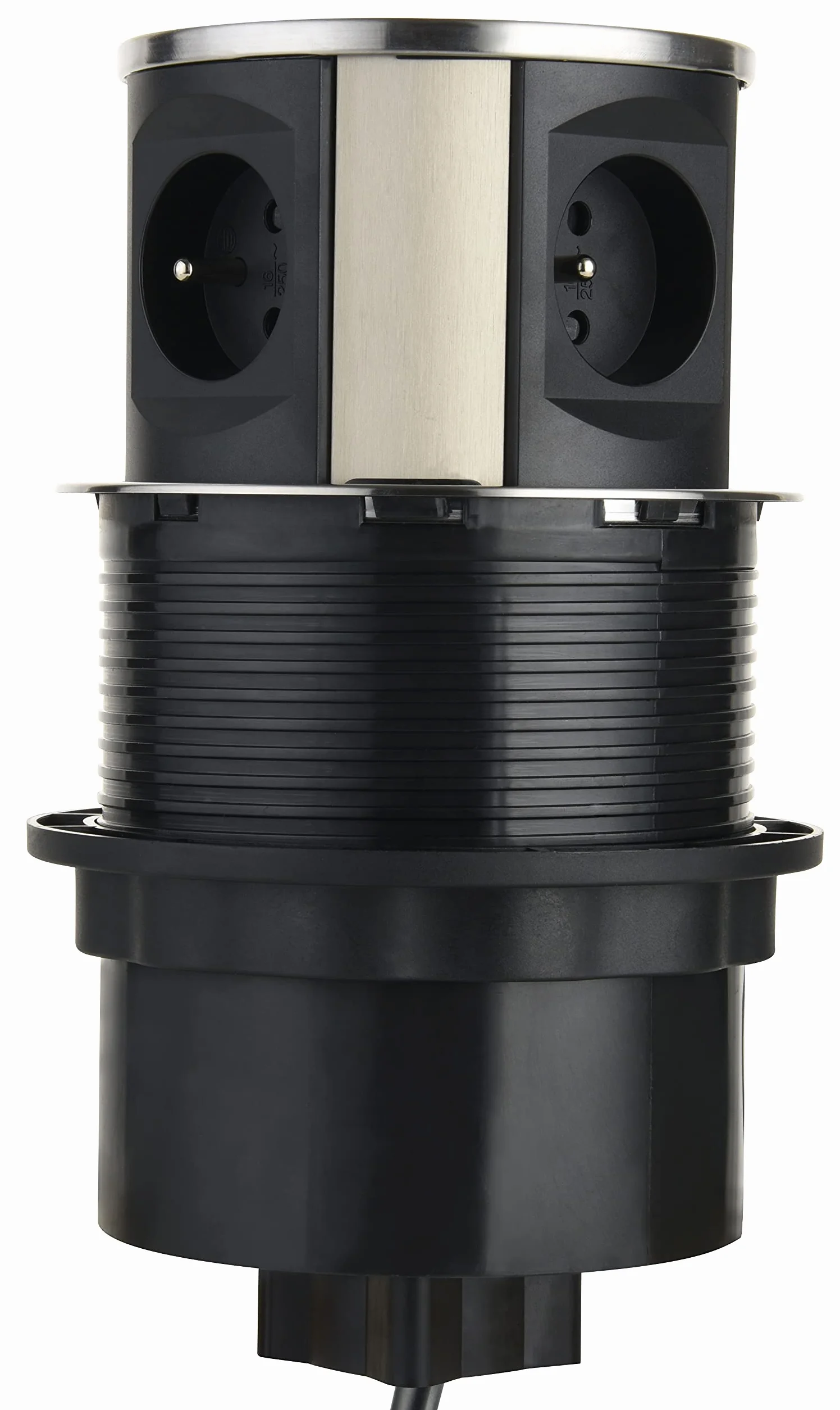 Electraline 35446 Listwa zasilająca chowana do blatu z 3 gniazdami w standardzie francuskim 16A + 2 USB 3.1A (1 USB typ A + 1 USB typ C) 15,5W, Wbudowane gniazdo do kuchni, Średnica 120mm, 2M