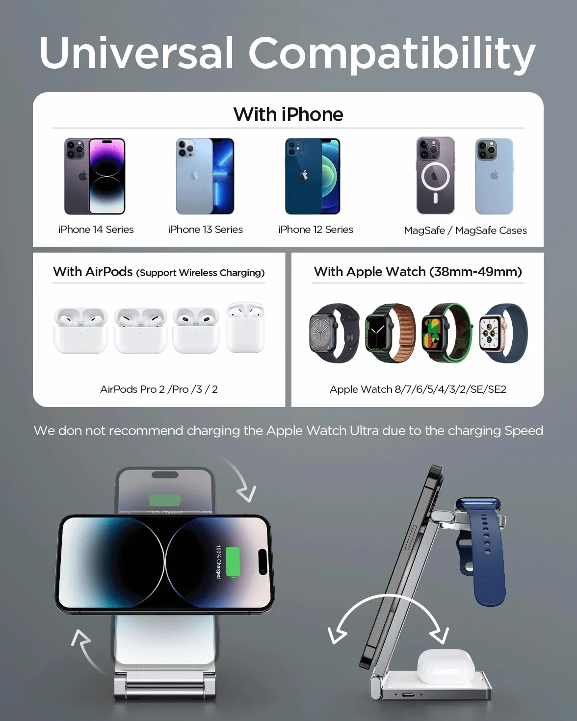 Bezprzewodowa ładowarka, 3 w 1, ze stopu cynku, składana, magnetyczna stacja ładująca [kompatybilna z ładowarką Magsafe] do iPhone 15/14/13/12, AirPods Pro/3/2, iWatch 9/8/7/6/SE/5/4/3/2
