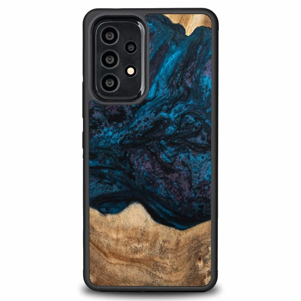Unikalne etui kompatybilne z Samsung Galaxy A73 5G, ręcznie wykonane etui ochronne z naturalnego drewna i żywicy, wzór planety Neptuna, niebiesko-brązowe