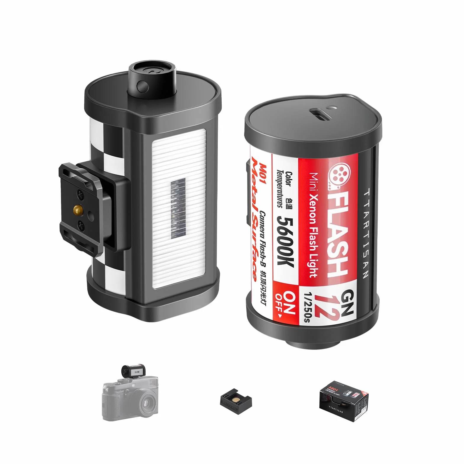 TTARTISAN M01 lampa błyskowa w stylu retro, mini lampa ksenonowa, GN12, 5600 K, 4 poziomy mocy, typ C, kompatybilna z aparatami Fuji, Nikon, Sony, Canon, Leica, Hot Shoe