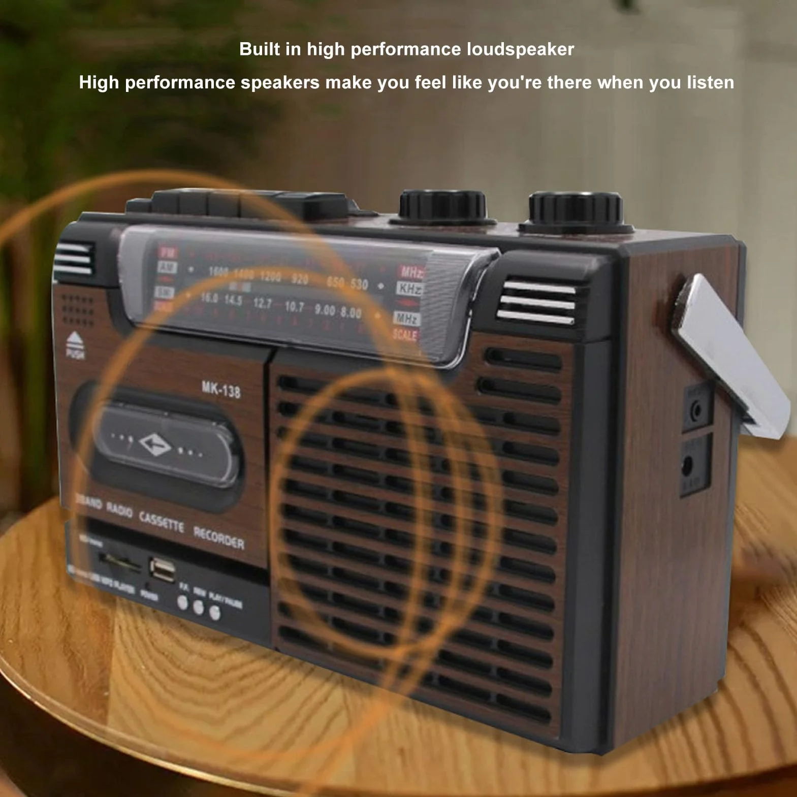 Przenośny Odtwarzacz Kasetowy, Magnetofon Radiowy Retro AM FM SW Boombox z Gniazdem Karty Pamięci USB Gniazdo Słuchawkowe, do Drewna Samochodowego, na Baterie lub na Prąd (wtyczka UE)