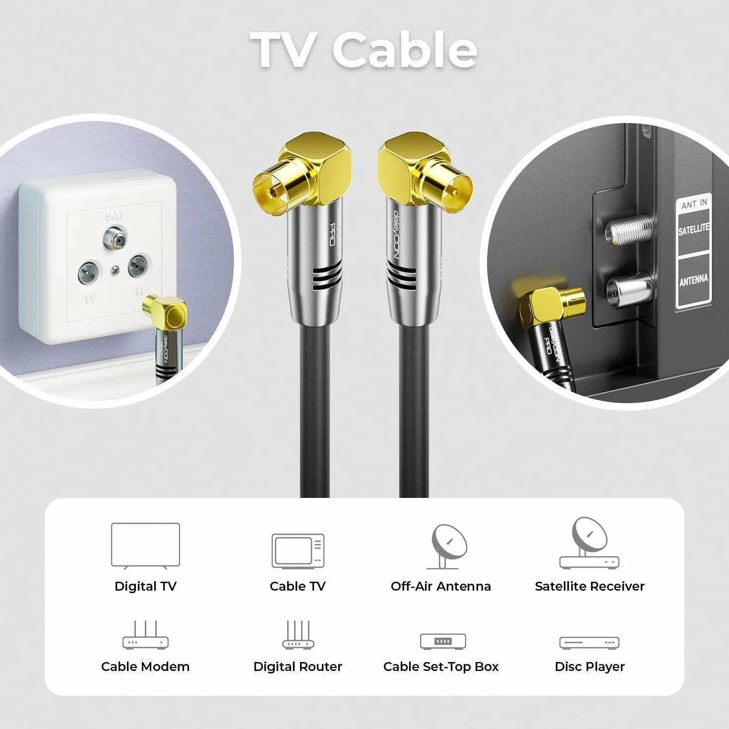 deleyCON 3,0m Kabel Antenowy TV 4K - 4K Ultra HD Full HD HDTV - 2x Kątowy - Kabel Koncentryczny - Wtyk IEC (90°) do Gniazda IEC (90°) - Metalowe Złącza - Czarny