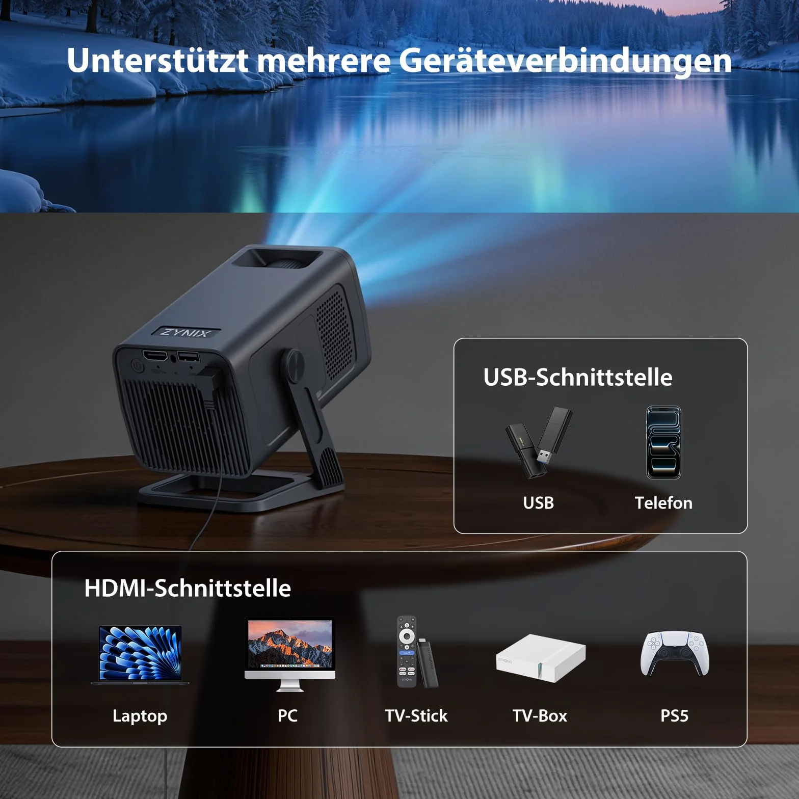 ZYNIX Inteligentny mini projektor z systemem Android 14, obsługuje 4K i 1080P, projektor WiFi 6 i Bluetooth 5.4, Auto Keystone i obrót o 270° do kina domowego, gier i na zewnątrz, NIX500