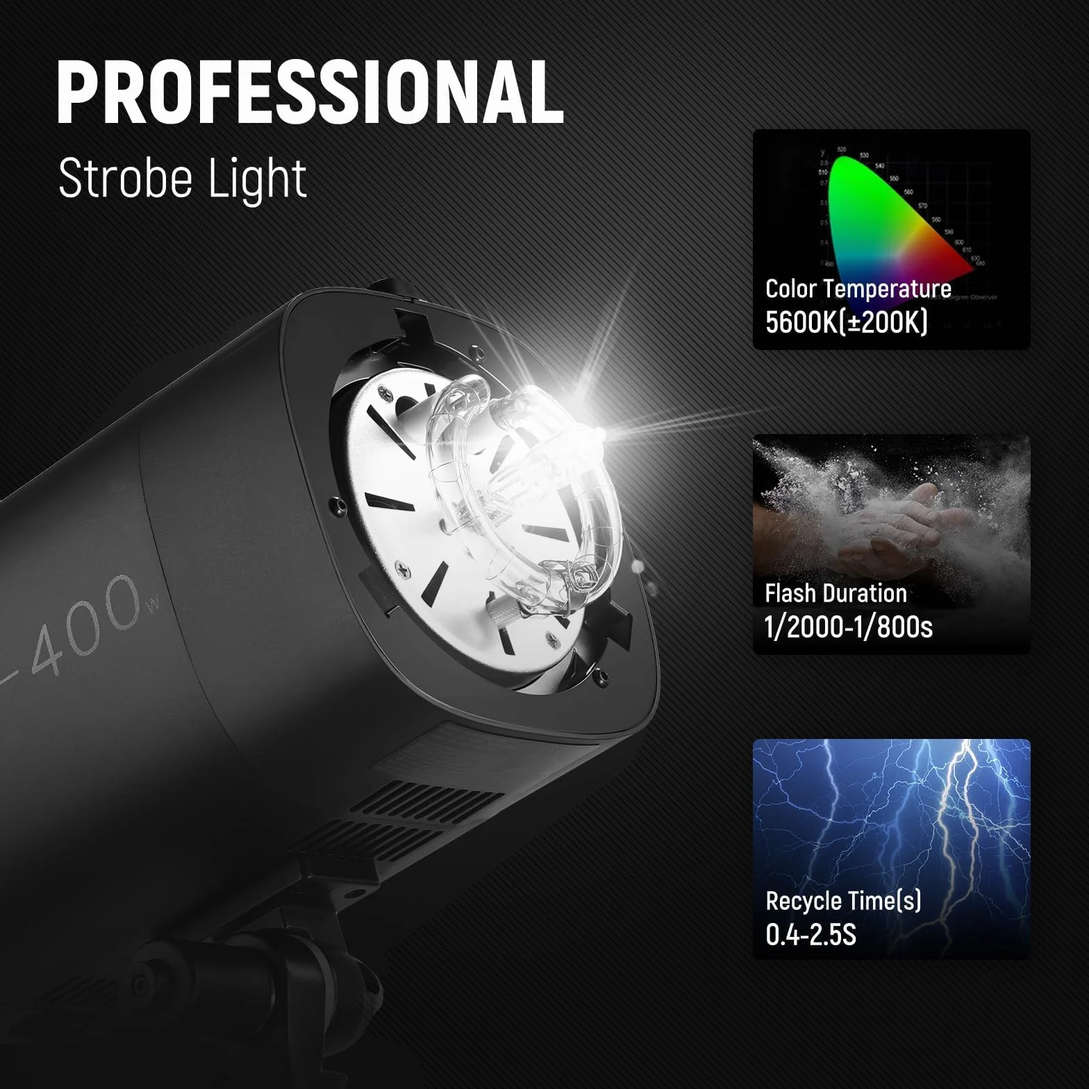 NEEWER Stroboskopowa lampa błyskowa S101-400 W z 9 poziomami, lampa do modelowania 150 W, 400 W GN65 5600K ze standardowym reflektorem Bowens, cichy wentylator w trybie S1/S2 do studia fotograficznego