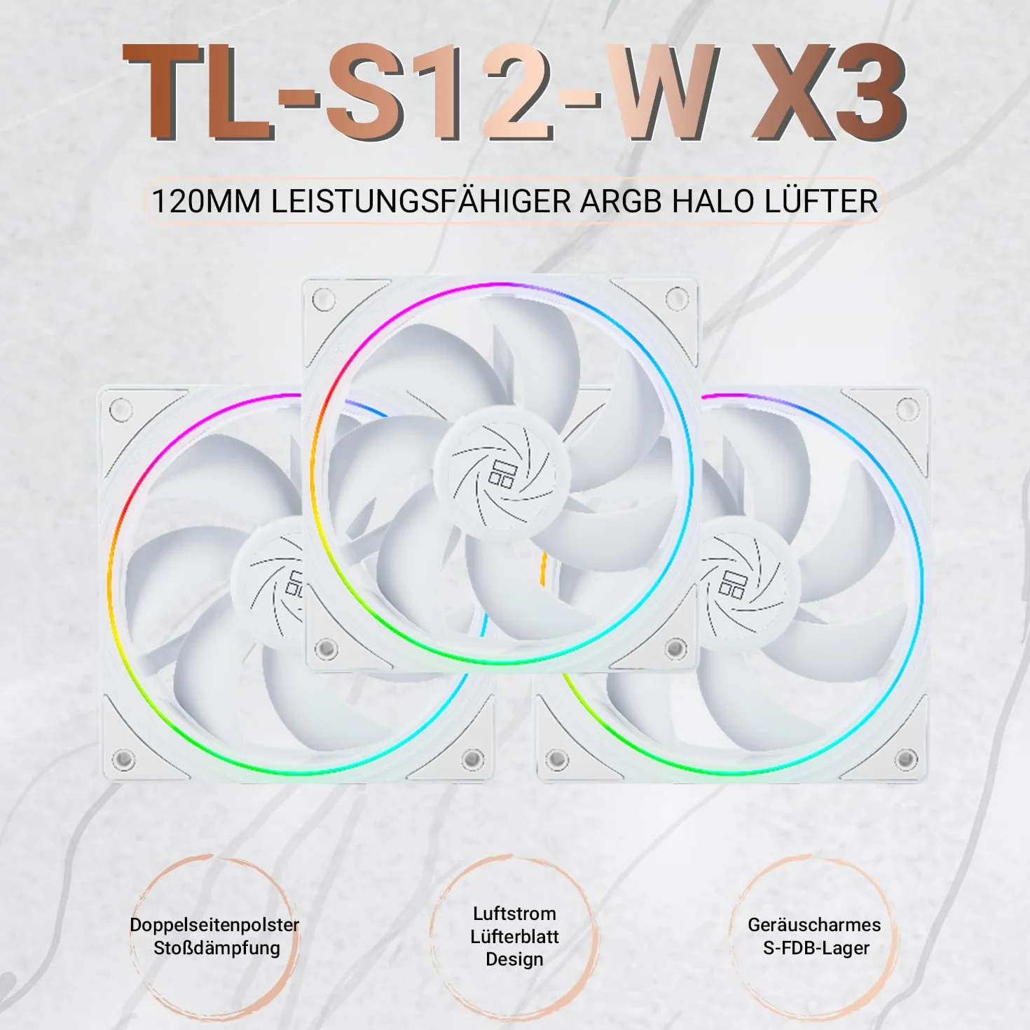 THERMALRIGHT Wentylator chłodzący CPU TL-S12W PWM do obudowy, efekt świetlny z delikatną ramką, 4-pinowe złącze PWM do komputera z ramką ARGB, prędkość 1500 obr./min (120 mm, 3 wentylatory)