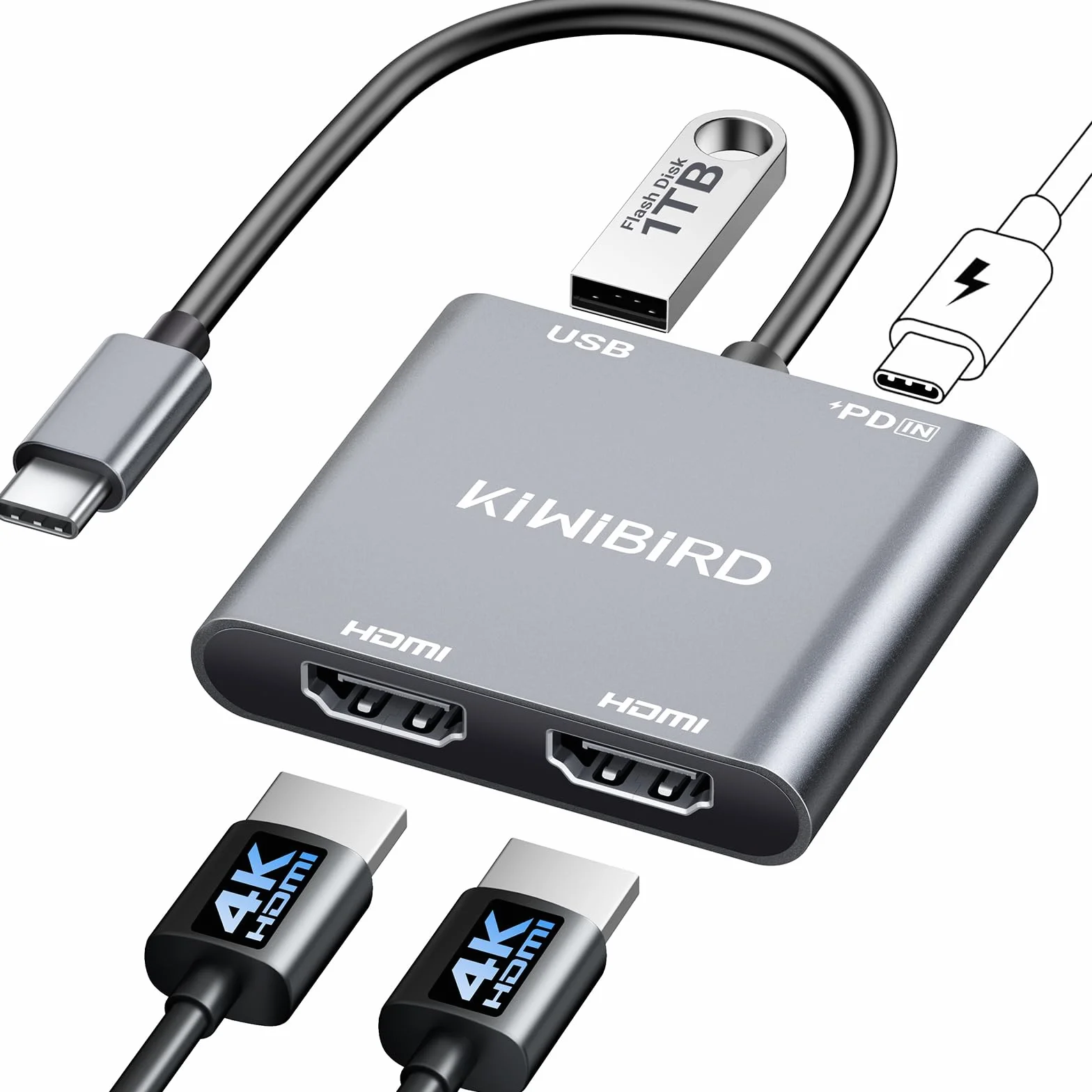 KiWiBiRD USB C na Dual HDMI Hub, Type C na HDMI Splitter do 2 monitorów rozszerzony wyświetlacz 4K PD 100W 2160p 1440p 1080p HDCP, kompatybilny z laptop PC TV projektor