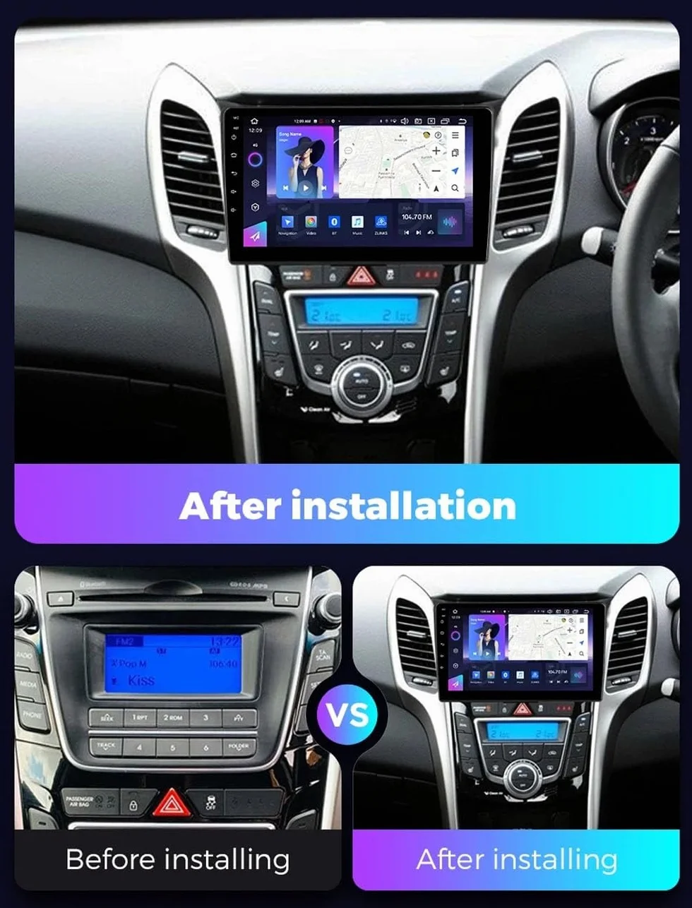 Ekran Apple Car Play, Ekran Android Auto dla Hyundai Grand i30 2011-2017 Przenośny Dotykowy Apple Carplay, Nawigacja Gps/Sterowanie Głosowe/Mirror, 8 Rdzeń 6G+128G