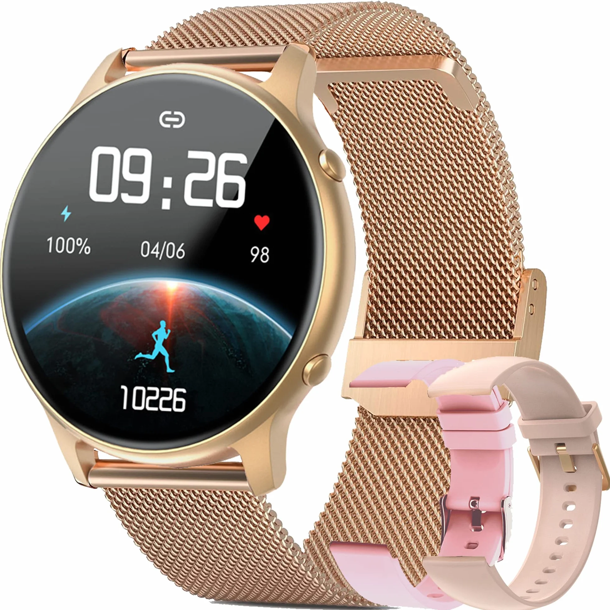 Damski smartwatch, męski smartwatch z pulsometrem, 24 tryby sportowe, SpO2, dziennik menstruacyjny, monitor snu i kalorii, 1,28 cala pełny dotykowy dla Androida i iOS (złoty)