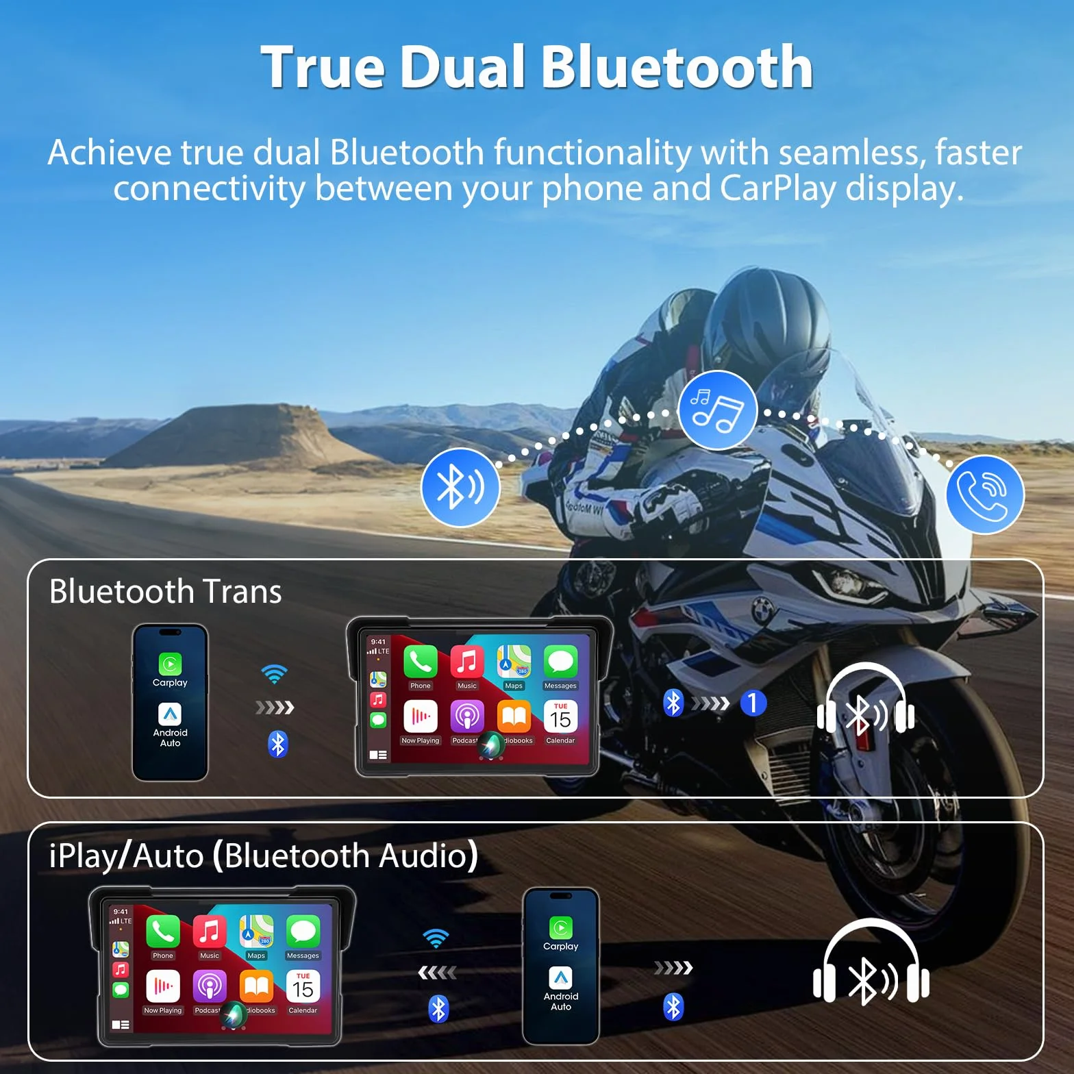 CarPlay 7-calowy wyświetlacz motocyklowy, bezprzewodowy, nawigacja z systemem Android, z kablem zasilającym USB, czujnik ciśnienia w oponach, wodoszczelność IP67, nawigacja motocyklowa, podwójny