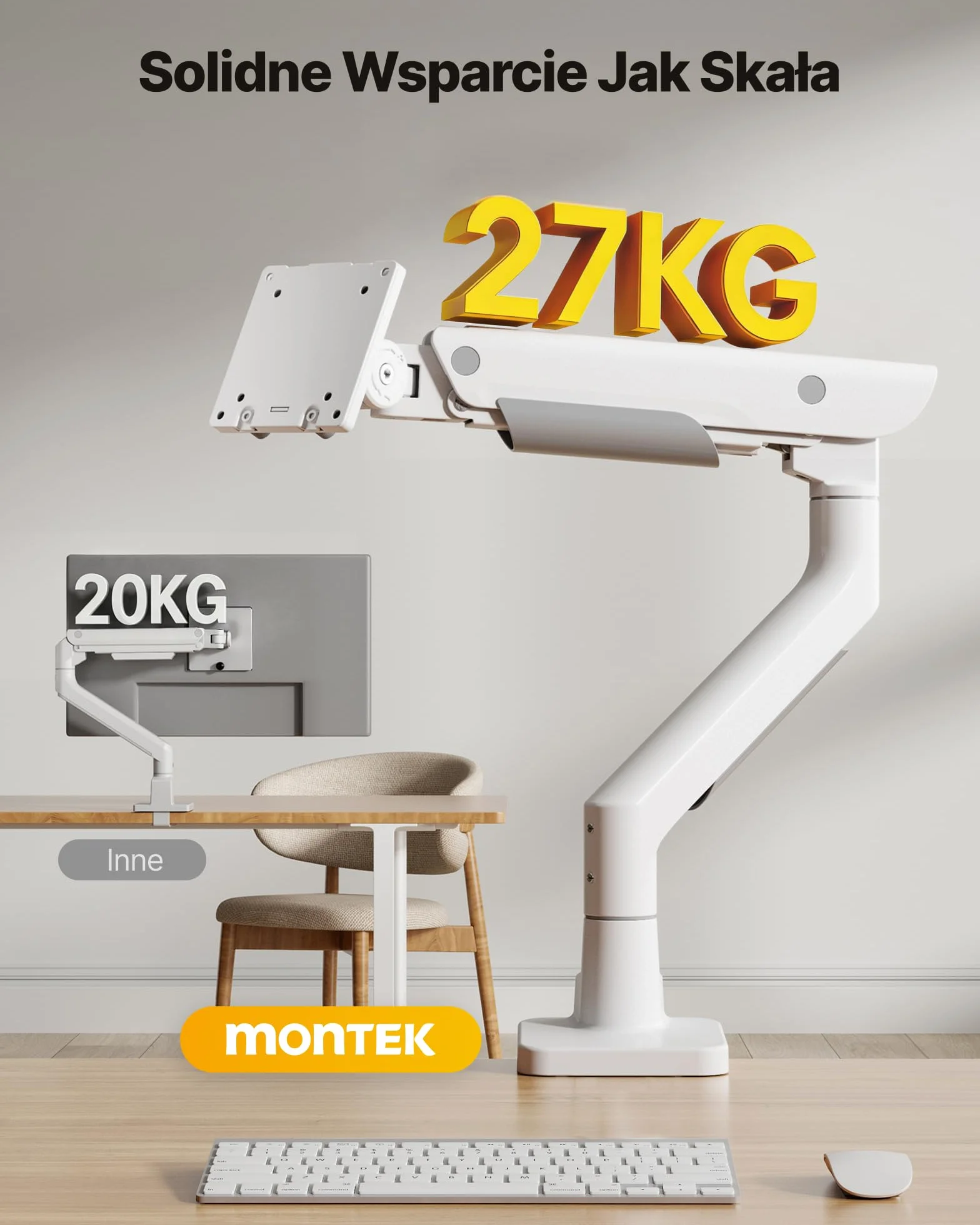 monTEK Wytrzymałe ramię do monitorów ultrapanoramicznych 17–57” do 27 kg | Aluminiowy uchwyt na jeden monitor z opcjami montażu na zacisk C lub przez otwór w blacie, VESA 75 mm/ 100 mm, Biały