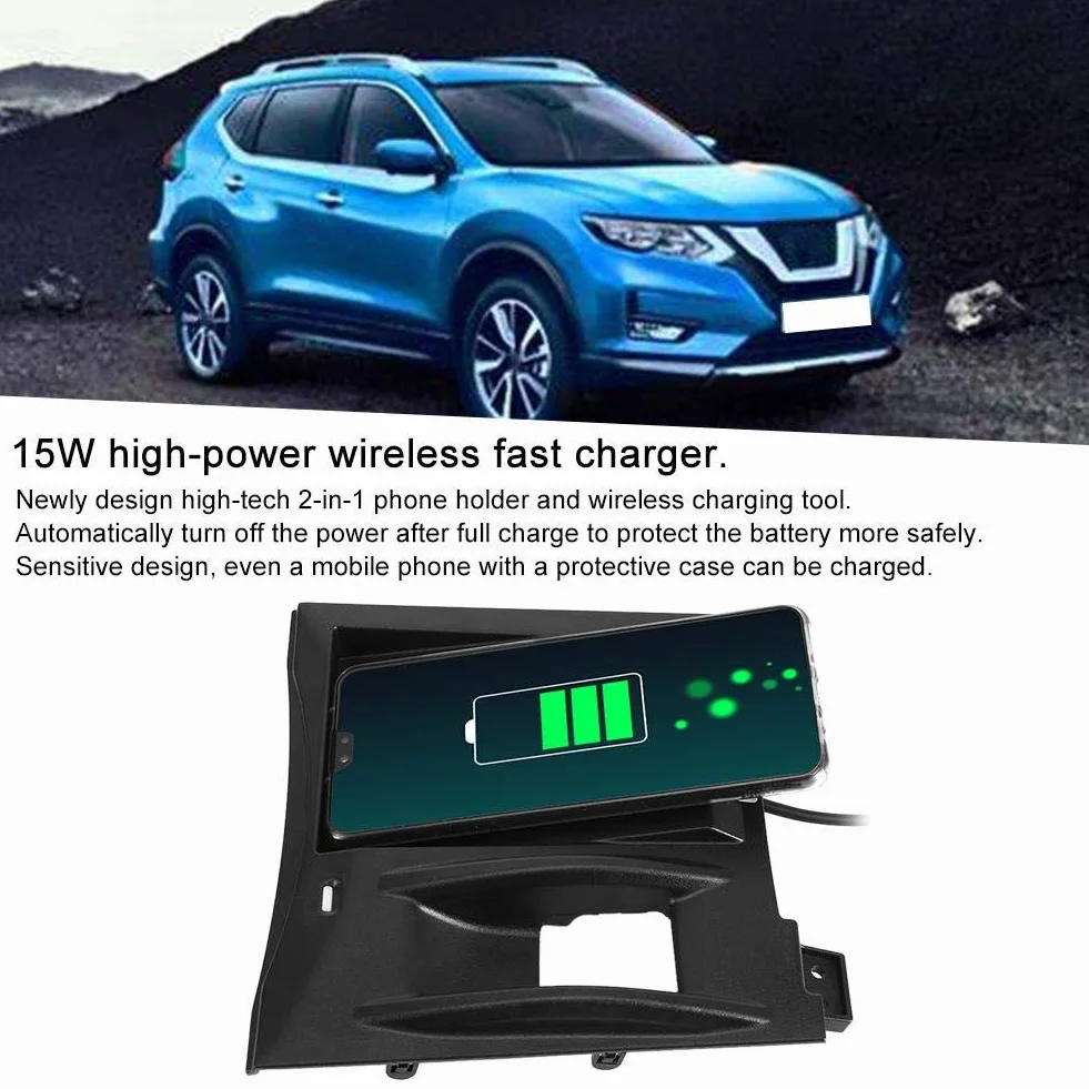 Bezprzewodowa ładowarka 15 W do X-Trail/Qashqai 2019-2020, uchwyt na telefon komórkowy 2 w 1 i indukcyjna stacja ładująca, podkładka do szybkiego ładowania Qi, automatyczne wyłączanie, ochrona