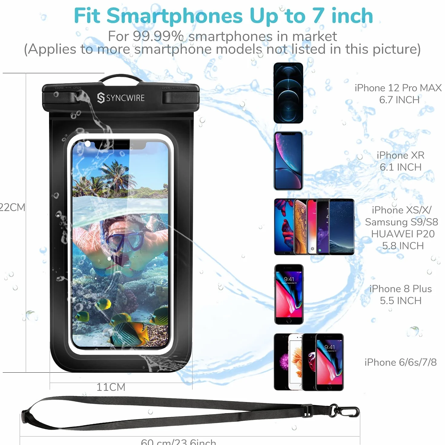 Syncwire wodoodporny futerał na telefon 7 cali 2 sztuki iPhone 14 13 12 11 Pro XS MAX Mini SE XR X 8 7 6+ Samsung Galaxy Huawei