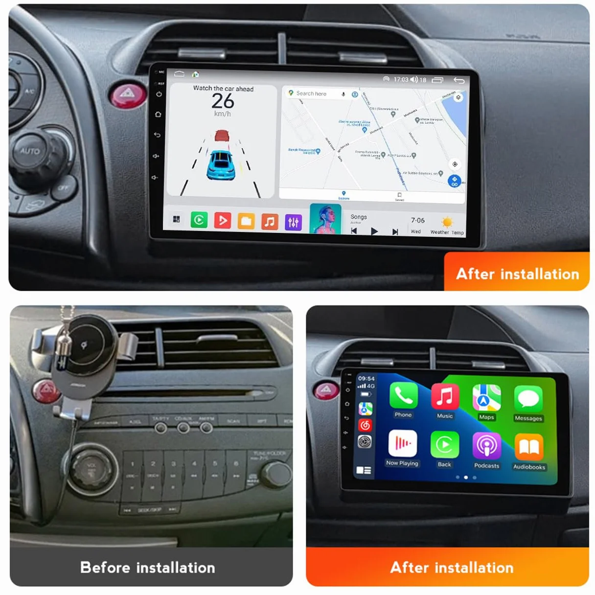 Y300s, YLOXFW Android 15.0 Stereo zamiennik dla Civic 2006-2011 Radio samochodowe z nawigacją GPS 9-calowy przenośny odtwarzacz multimedialny DVD Odbiornik FM BT z Android Auto CarPlay