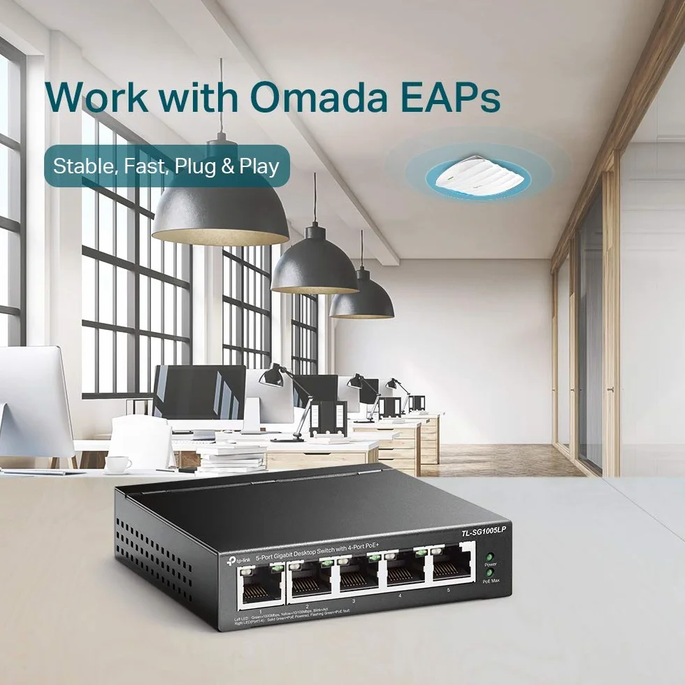 TP-Link TL-SG1005LP | Przełącznik Gigabit PoE 5× 10/100/1000 Mb/s (4× PoE+) | Budżet PoE 40 W | Metalowa obudowa | Plug & Play