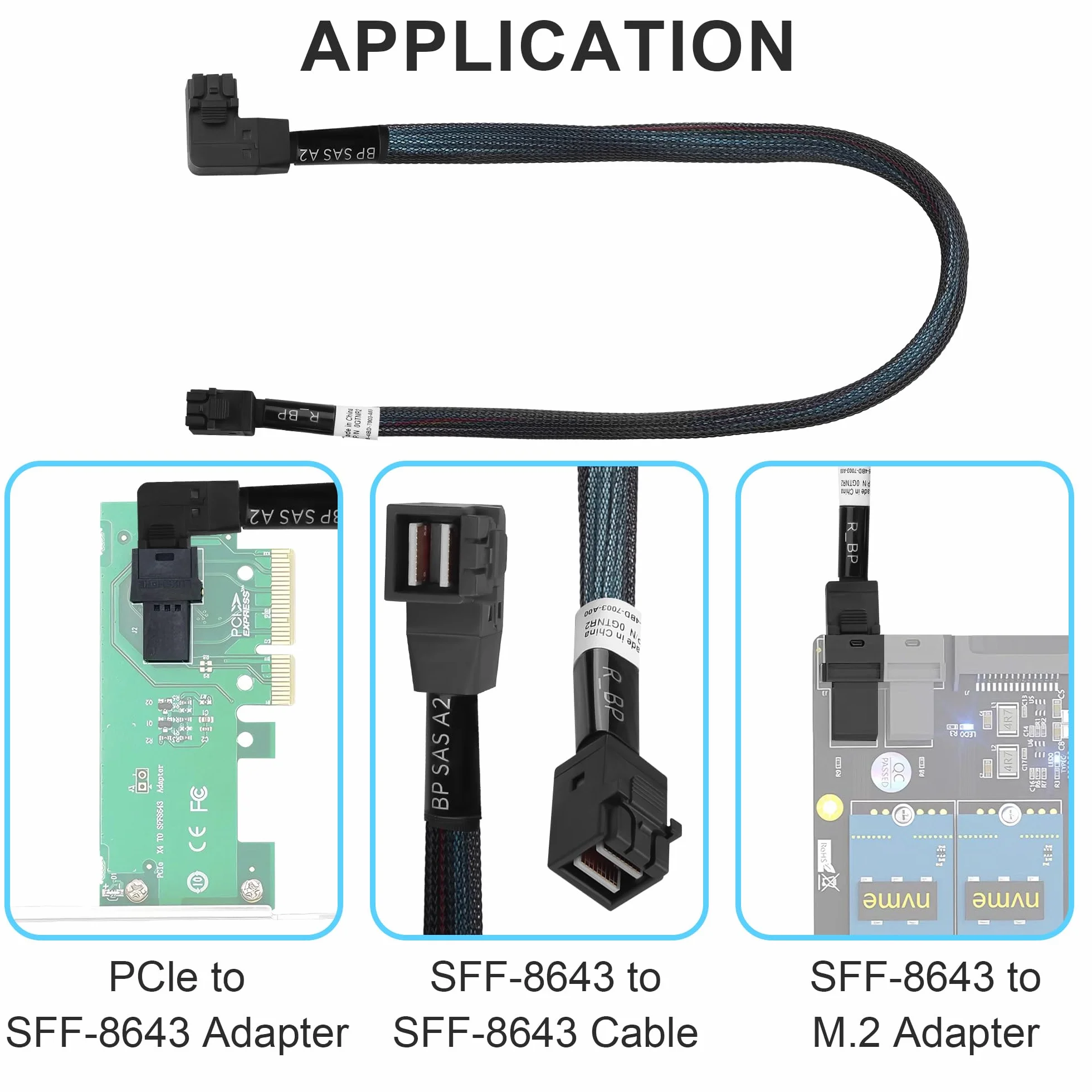 MINI SAS HD SFF-8643 kabel 45 cm, kąt prosty do 90 stopni, wewnętrzny kabel serwerowy z plecionym płaszczem i nasadkami ochronnymi, SAS 3.0 12 Gbps do centrum danych/RAID/SAN