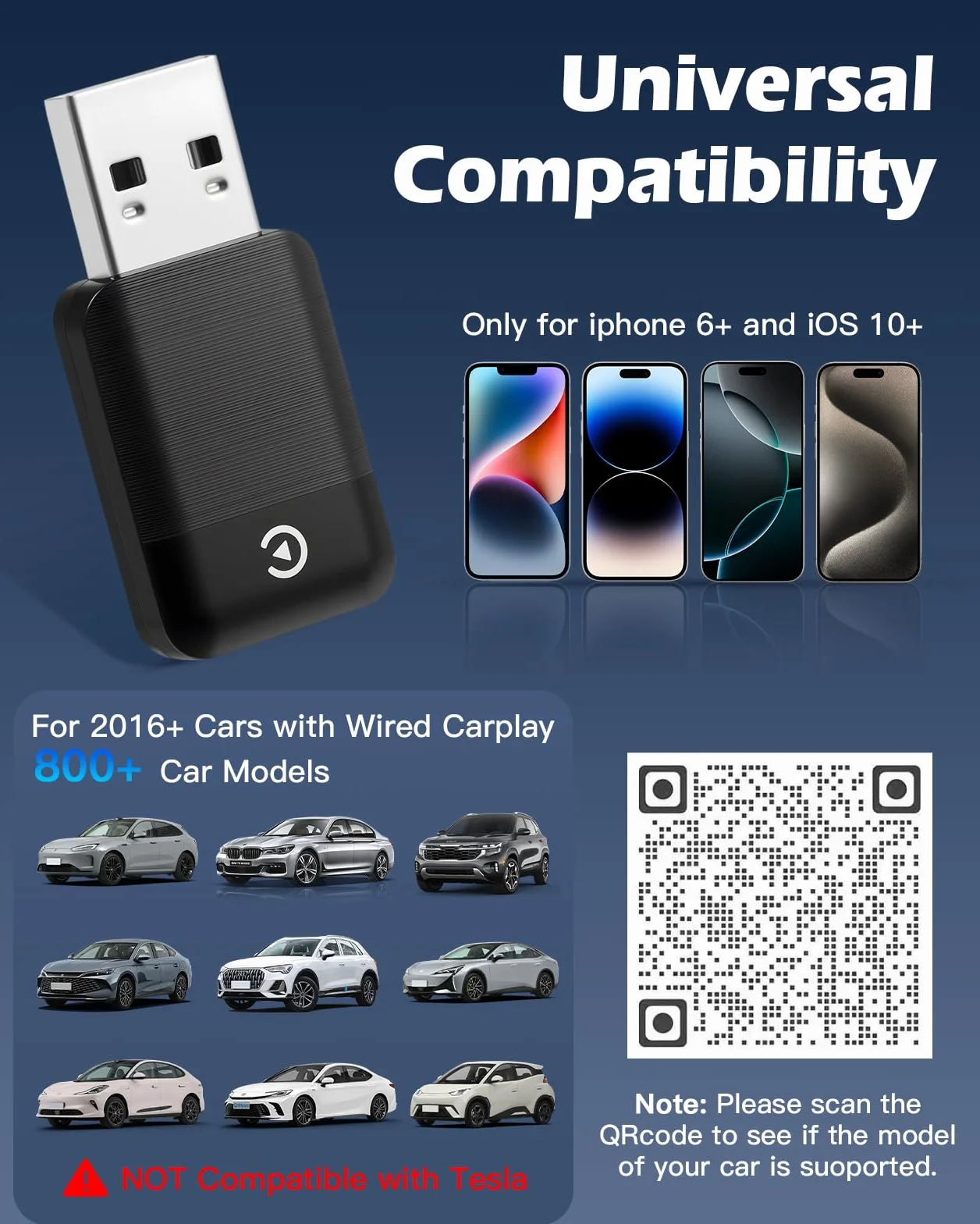 Lullu Bezprzewodowy adapter Carplay 2026, kompatybilny z iPhone iOS 10+ | Ulepszony konwertuje przewodowy na bezprzewodowy, USB/typ C, Plug & Play, Bluetooth Mini Carplay Stick i Auto 2016+