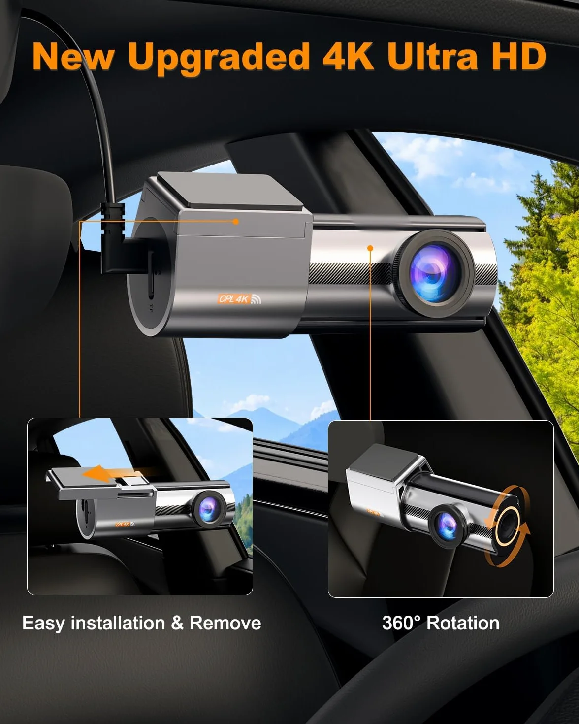 Kamera samochodowa, przednia 4K, wbudowane WiFi 5 GHz, z CPL, UHD 2160P, karta 64 GB, monitor parkowania 24 godz., super noktowizor, WDR, czujnik G, sterowanie aplikacją, kąt 170°, maks. 256 GB