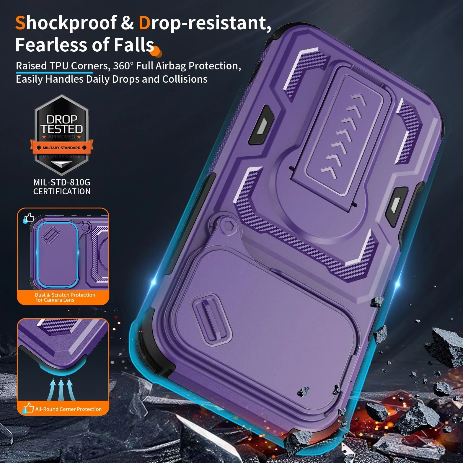 Generic etui kompatybilne z iPhone 17 Pro (kolor: fioletowy) osłona aparatu przesuwnego stojak twardy tył twarde silikonowe etui