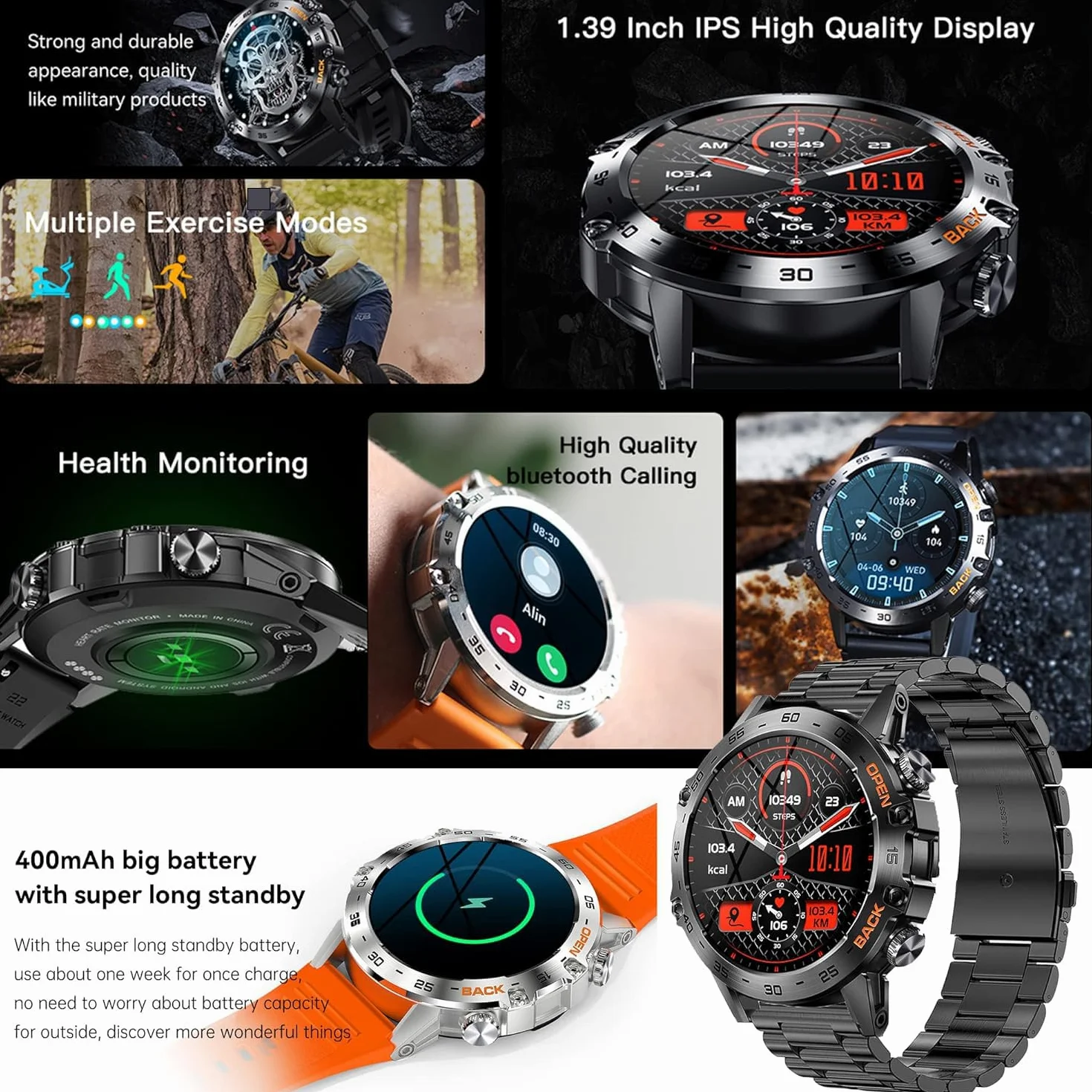 Smartwatch Mężczyzna Połączenie Bluetooth i Odpowiedź Głośnomówiący Inteligentny Zegarek Krokomierz Monitor Snu 123 Tryb Sport Powiadomienia Wiadomości Zegarek Fitness Tracker dla Androida iOS (czarny)