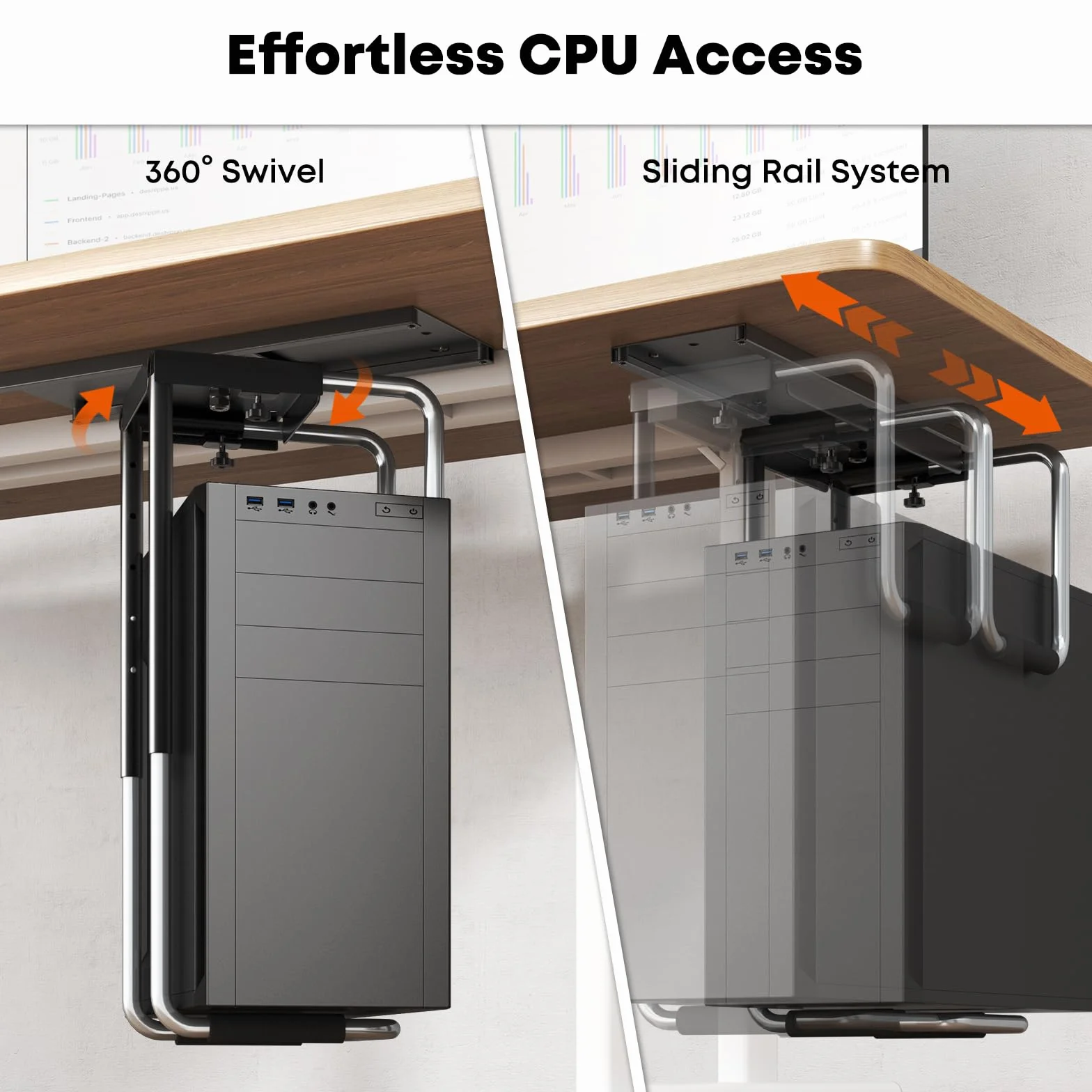 Stojak PC CPU Pod Regulowany Stół Pod Biurkiem z prowadnicą Slider Pod Biurkiem, Obrót o 360° Stojak Wieża Pc Pod Stół Z Podkładką Ochronną, Maksymalna Pojemność 30 kg