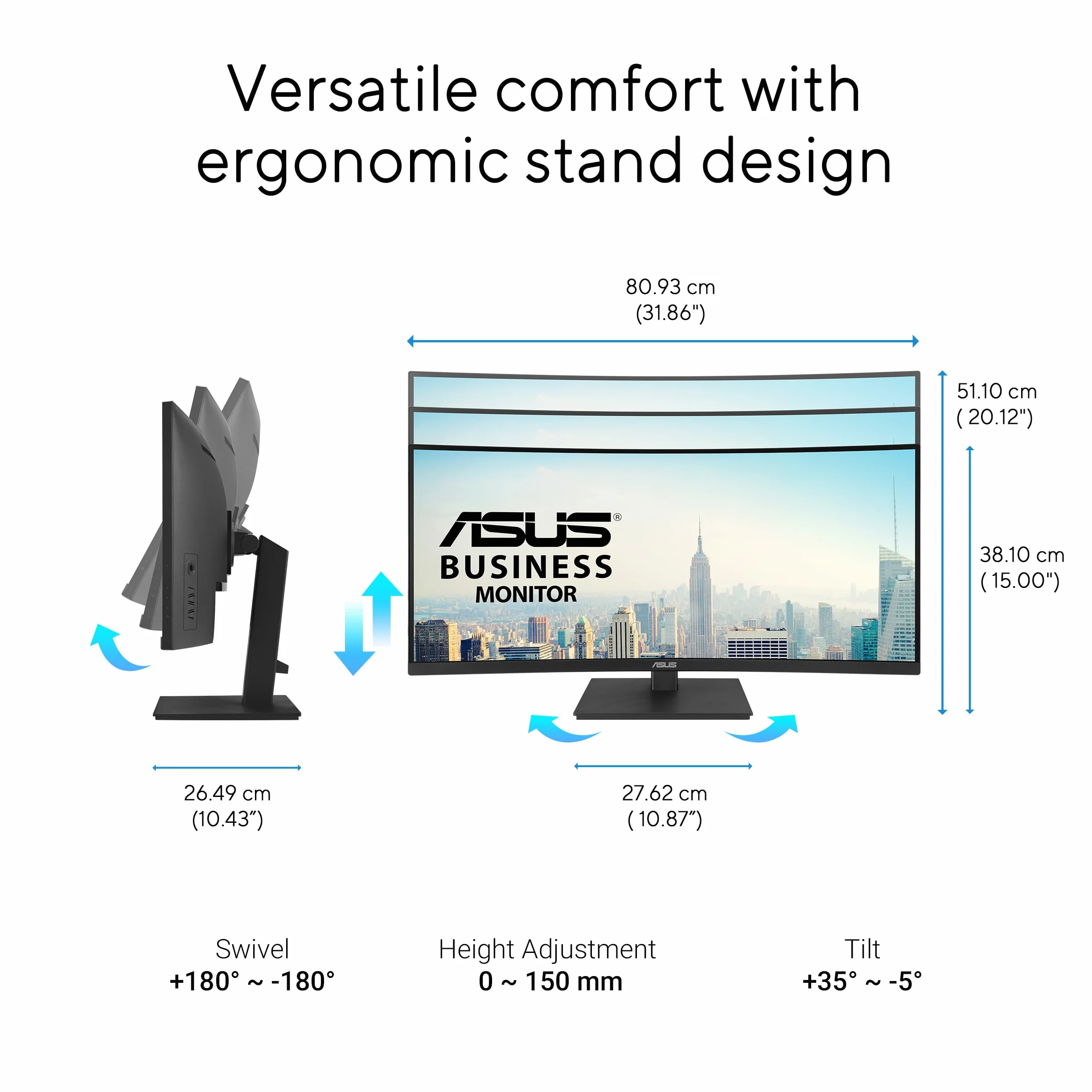 ASUS Business VA34VCPSR 34-calowy zakrzywiony monitor, szeroki QHD (3440 x 1440), HDMI, DisplayPort, Hub USB, port RJ45 LAN, ergonomiczna konstrukcja, wolne od migotania, niebieski, czarny