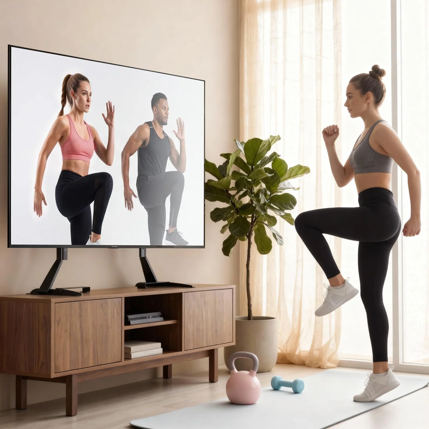 Amazon Basics Uniwersalny Stojak do Telewizora, Regulacja Wysokości do Telewizorów 22–77 cali, Udźwig do 36,3 kg, VESA 200x100 do 800x400, Zawiera Uchwyt do Soundbara, Czarny