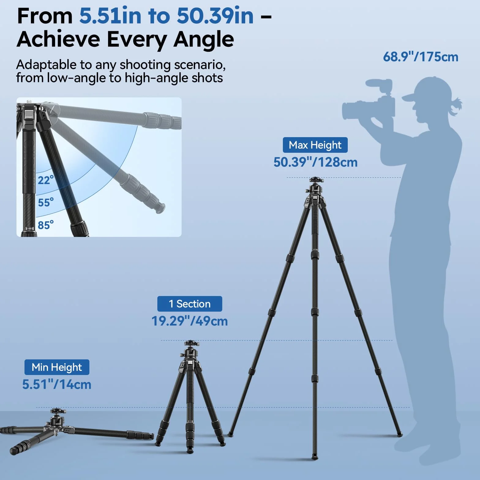 SIRUI Profesjonalny statyw z włókna węglowego z niskoprofilową głowicą kulkową 43mm, maksymalna wysokość 50.4" (128 cm), ładowność 20 kg (44 lbs) - ultra stabilny dla aparatów DSLR, bezlusterkowych