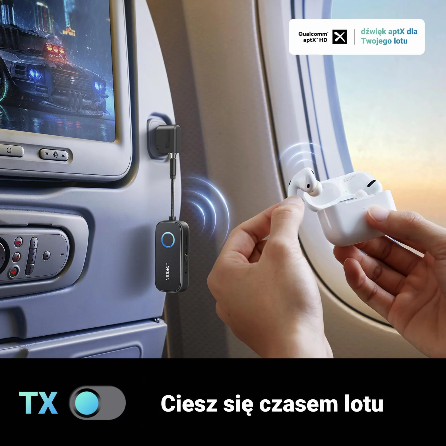 UGREEN Lotniczy aptX Bluetooth 5.3 Nadawca z Dodatkowym Podwójnym 3.5 mm AUX Adapterem, Adapter Bluetooth dla dwóch słuchawek, takich jak Airpods, 2 w 1 Bluetooth Nadawca i Odbiorca Kompatybilny z TV