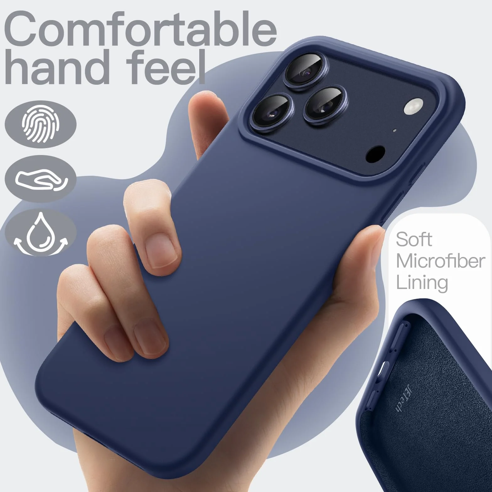 JETech Etui z Płynnego Silikonowe dla iPhone 17 Pro 6,3 Cala, Jedwabiście Miękkie w Dotyku Ochrona Całego Ciała, Obudowa Telefonu na Zarysowania Osłona z Podszewką z Mikrofibry (Ciemnoniebieski)