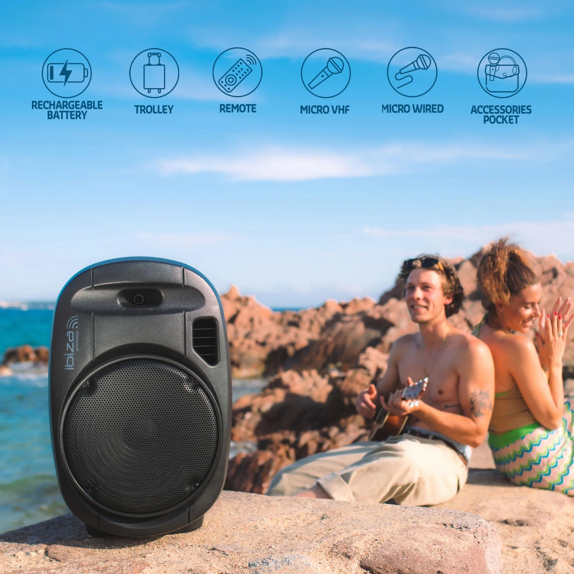 Ibiza - PORT8VHF-MKII-TWS - Przenośny głośnik 8"/400W MAX z 1 mikrofonem przewodowym i 1 mikrofonem VHF, pilotem i etui na akcesoria - Bluetooth, USB, SD i TWS - 6-8 godzin autonomii