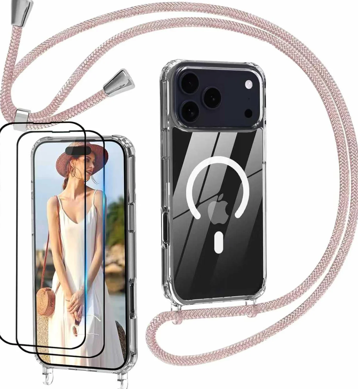 Nupcknn Etui na iPhone 17 Pro Magnetische z Paskiem, 2 Ochraniacze Ekranu, 2 Ochraniacze obiektywu aparatu, przezroczysty magnetyczny wisiorek, odpinany i regulowany pasek, ochrona przed wstrząsami.