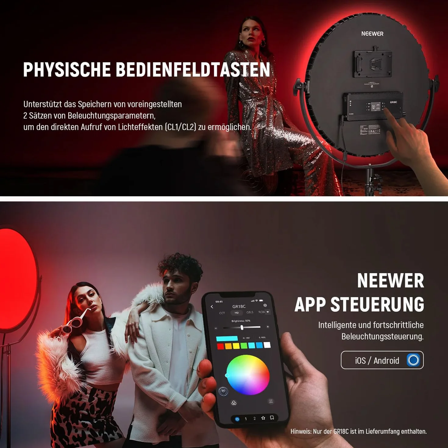 Neewer GR18C okrągły panel LED RGB, lampa wideo ze sterowaniem za pomocą aplikacji, 18 cali, ściereczka z mikrofibry Keepdrum