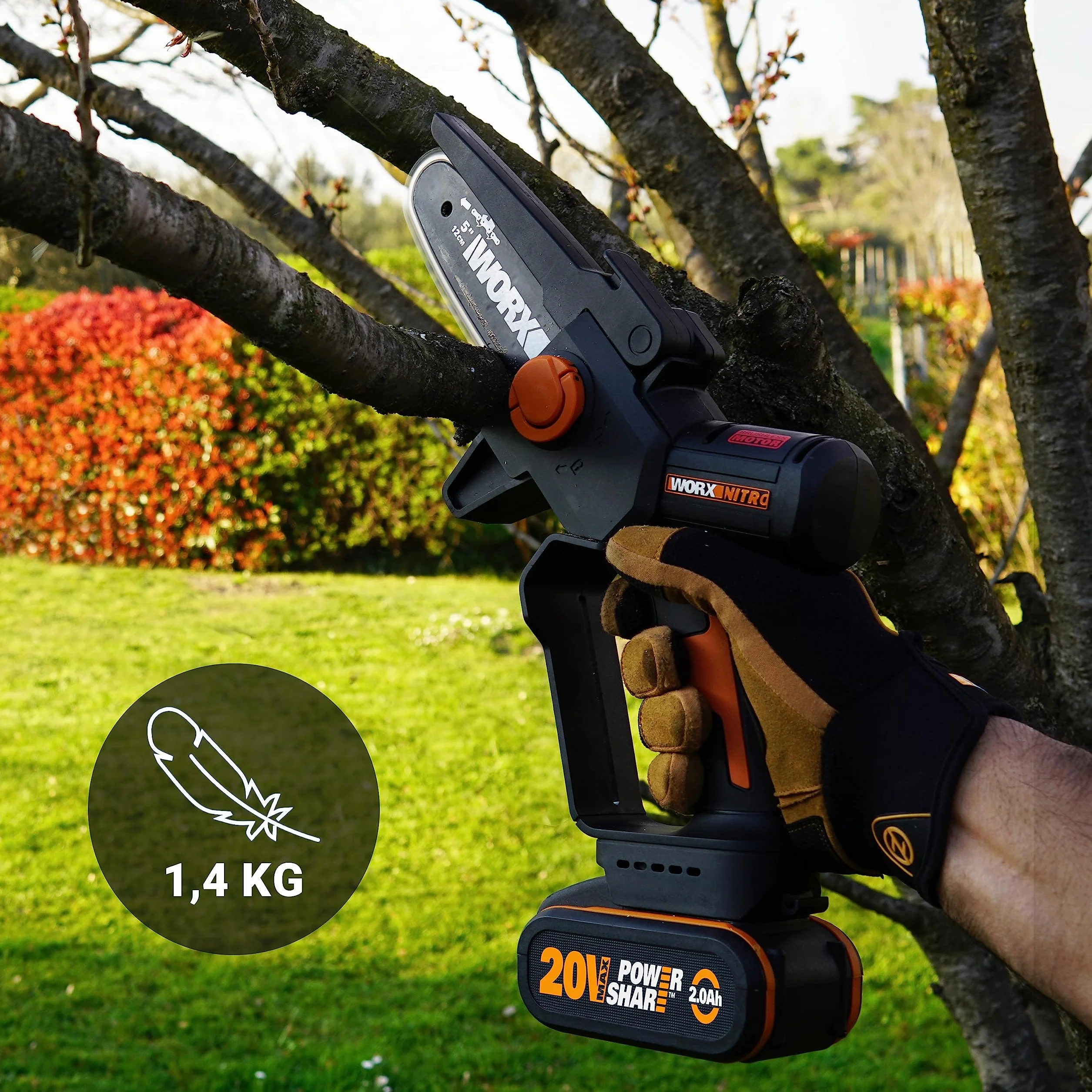 WORX WG325E Nitro profesjonalna mini akumulatorowa piła łańcuchowa 20 V – jednoręczna piła do gałęzi – mocny silnik bezszczotkowy – długość cięcia 12 cm – lekka i kompaktowa – automatyczne smarowanie