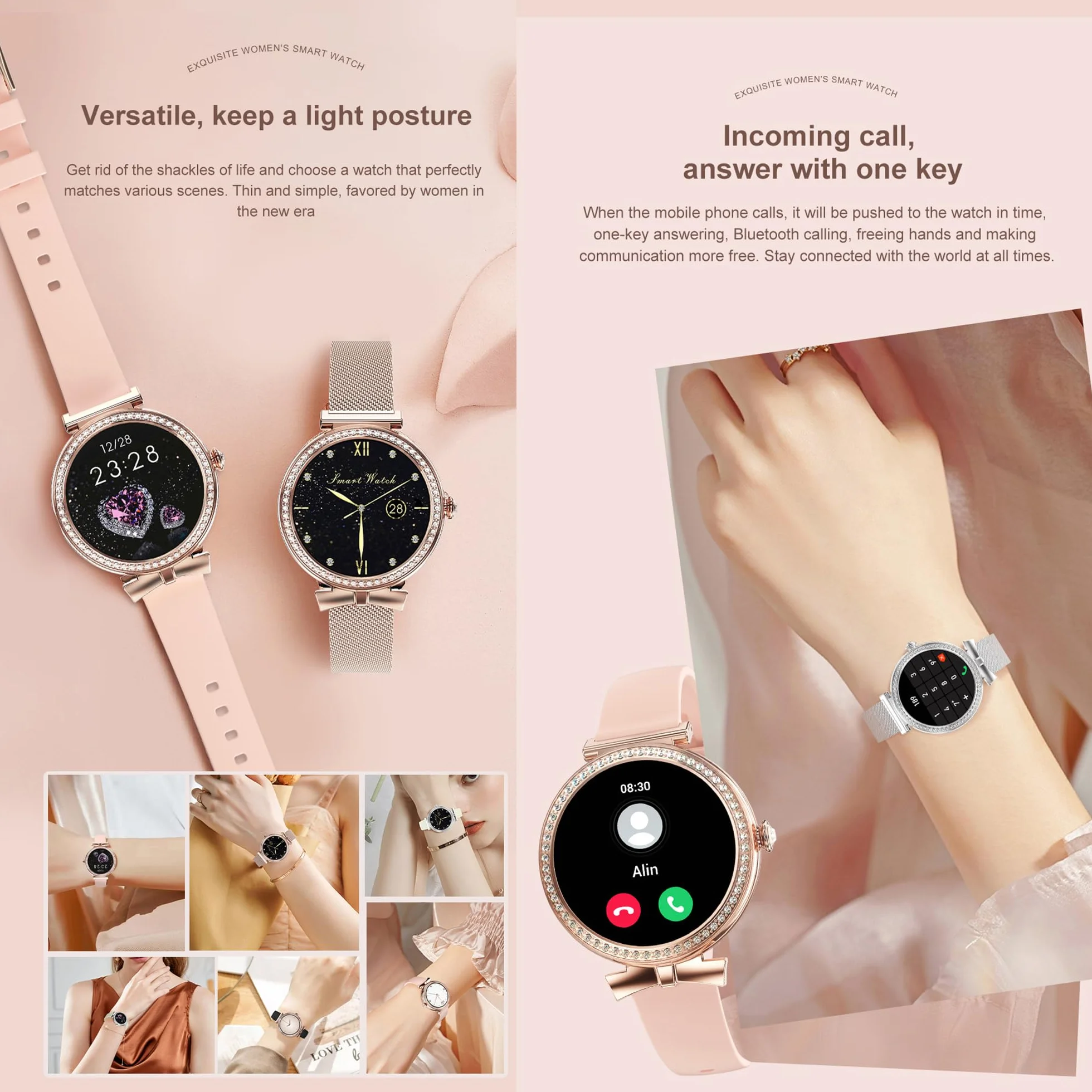 Smartwatche Kobiety z Funkcje Telefonu Bluetooth, Sportowy Diamanti Smart Watch 1,2 AMOLED ze 123 Sportowymi, Odtwarzaczem Muzycznym, Pomiarem Tętna, Wodoodpornością IP68 dla Android iOS (Złoto)