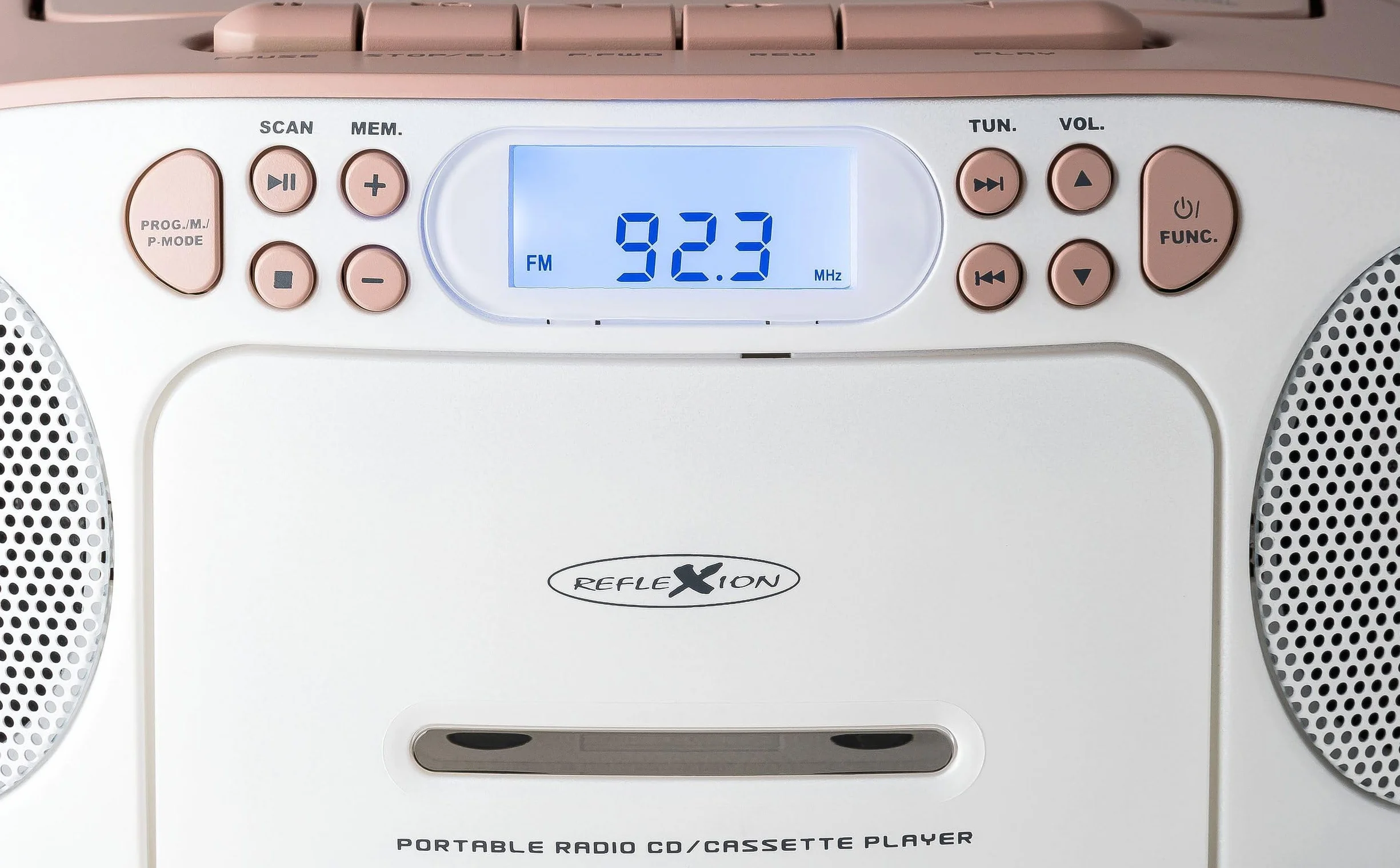 Reflexion RCR2260 odtwarzacz CD z kasetą i radiem do zasilania sieciowego i bateryjnego (radio PLL FM, wyświetlacz LCD, wejście AUX, złącze słuchawkowe), biały/różowy