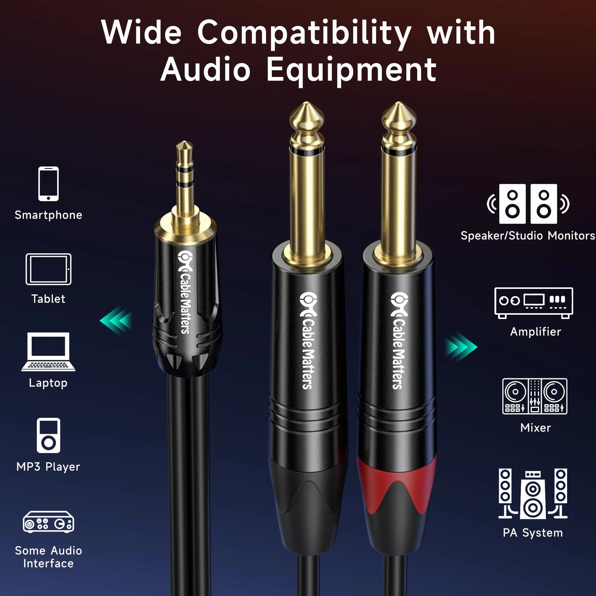 Cable Matters Kabel mini jack do podwójnego gniazda 1,8 m, 3,5 mm do 6,35 mm, 3,5 mm TRS na podwójny kabel TS 6,35 mm, mini jack do gniazda 1/10.2 cm, gniazdo stereo do 2 gniazd mono