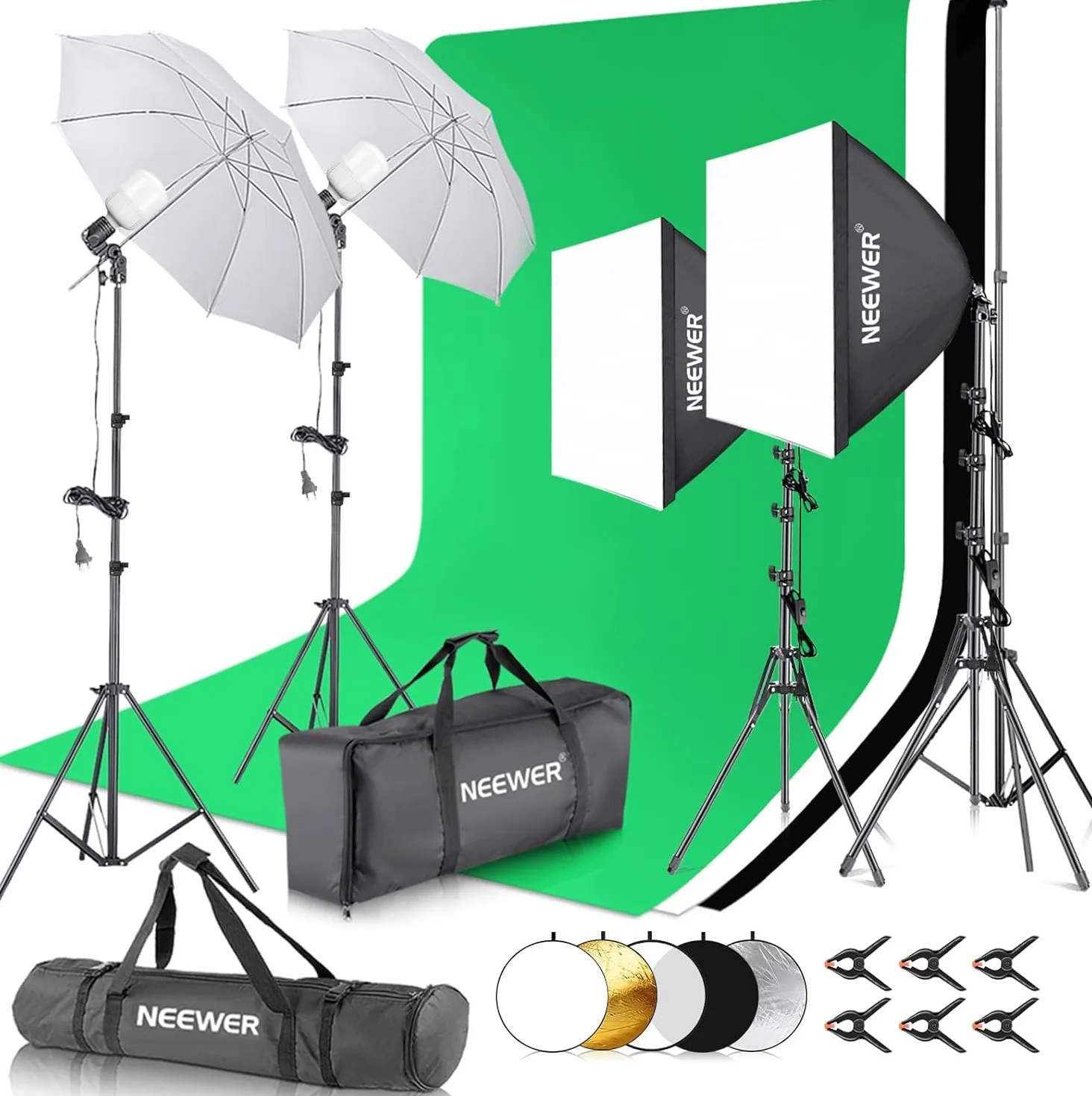 NEEWER Zestaw oświetlenia fotograficznego z tłem, stojak tła, 5700 K 800 W, odpowiednik 24 W, światło ciągłe, reflektor światła 60 cm, wyposażenie studia fotograficznego do nagrywania wideo