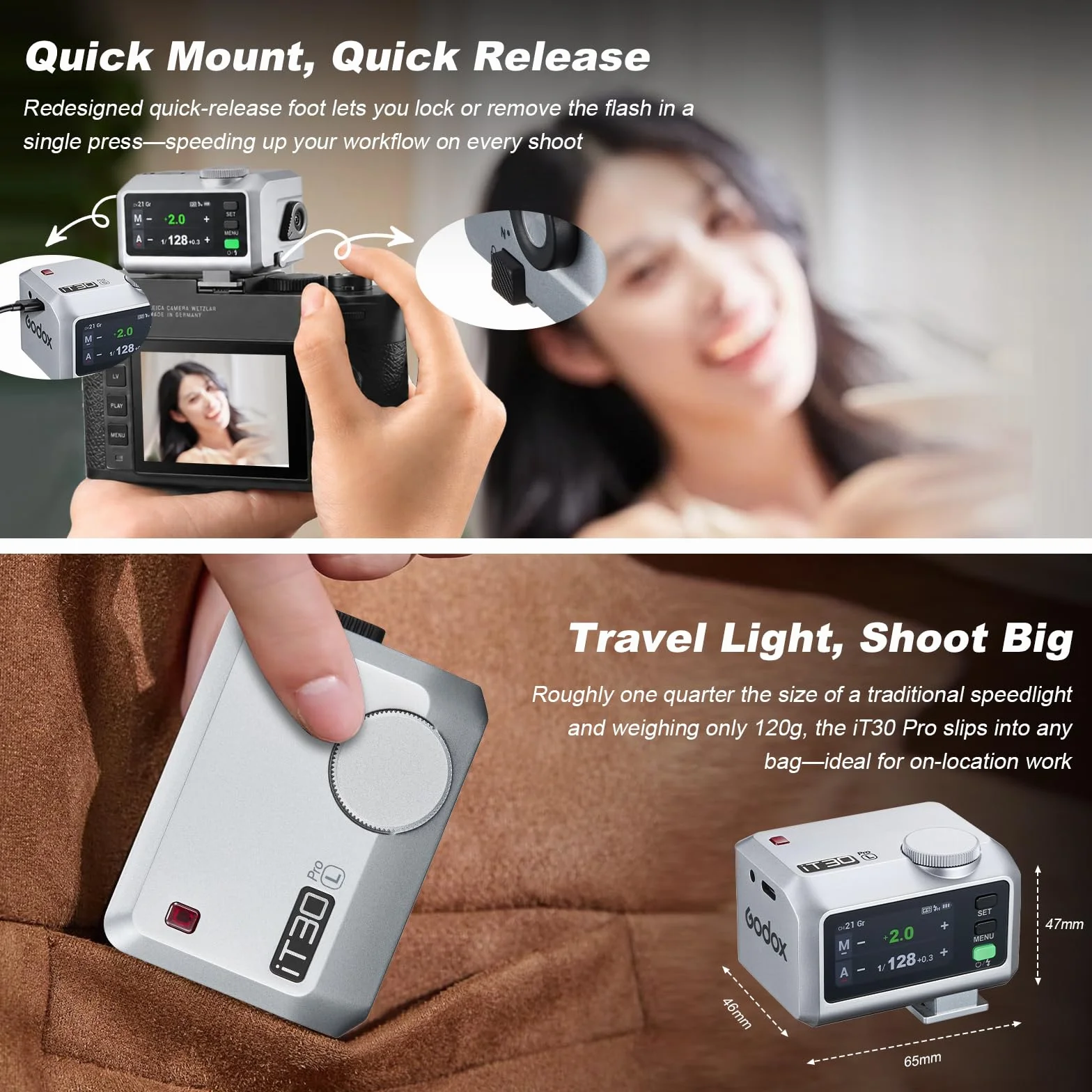 Godox iT30Pro-L iT30Pro L Mini lampa błyskowa do aparatu z białym dyfuzorem kompatybilny z Speedlite560 moc bezprzewodowa 2,4 GHz TTL ekran dotykowy do lustrzanek cyfrowych Leica (srebrny)
