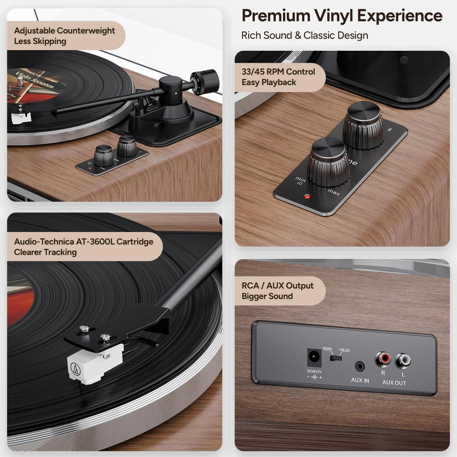 Gramofon Bluetooth HiFi z głośnikami z 4 głośniki stereo, wbudowanym przedwzmacniaczem fono, 33/45 obr./min, magnetycznym AT-3600L, napęd pasowy Vinyl Record Player