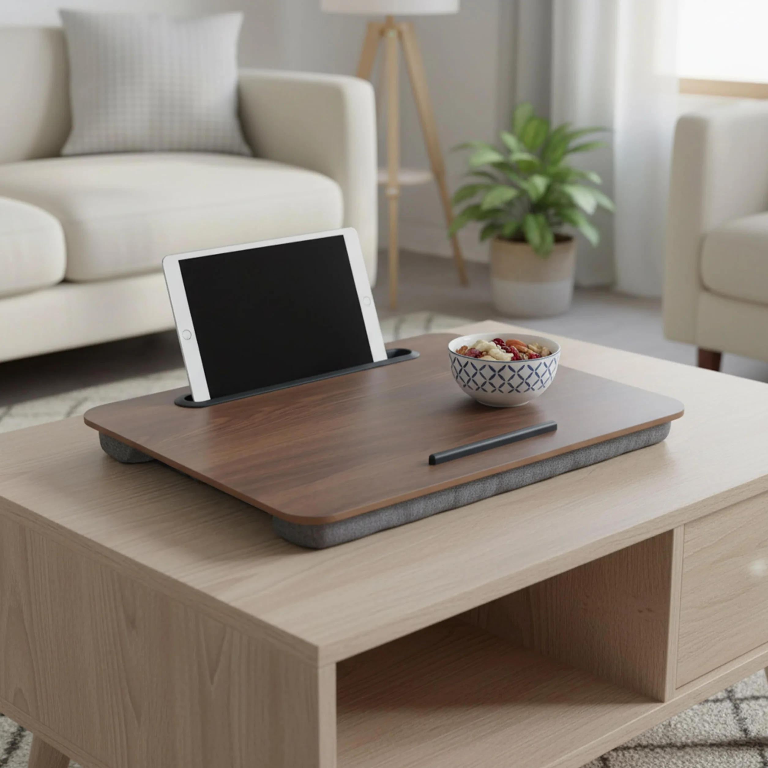 Relaxdays Poduszka na laptopa z uchwytem na telefon komórkowy, szer. x gł.: 42 x 32 cm, podkładka pod laptopa na łóżko i sofę, taca na kolana, brązowa/szara