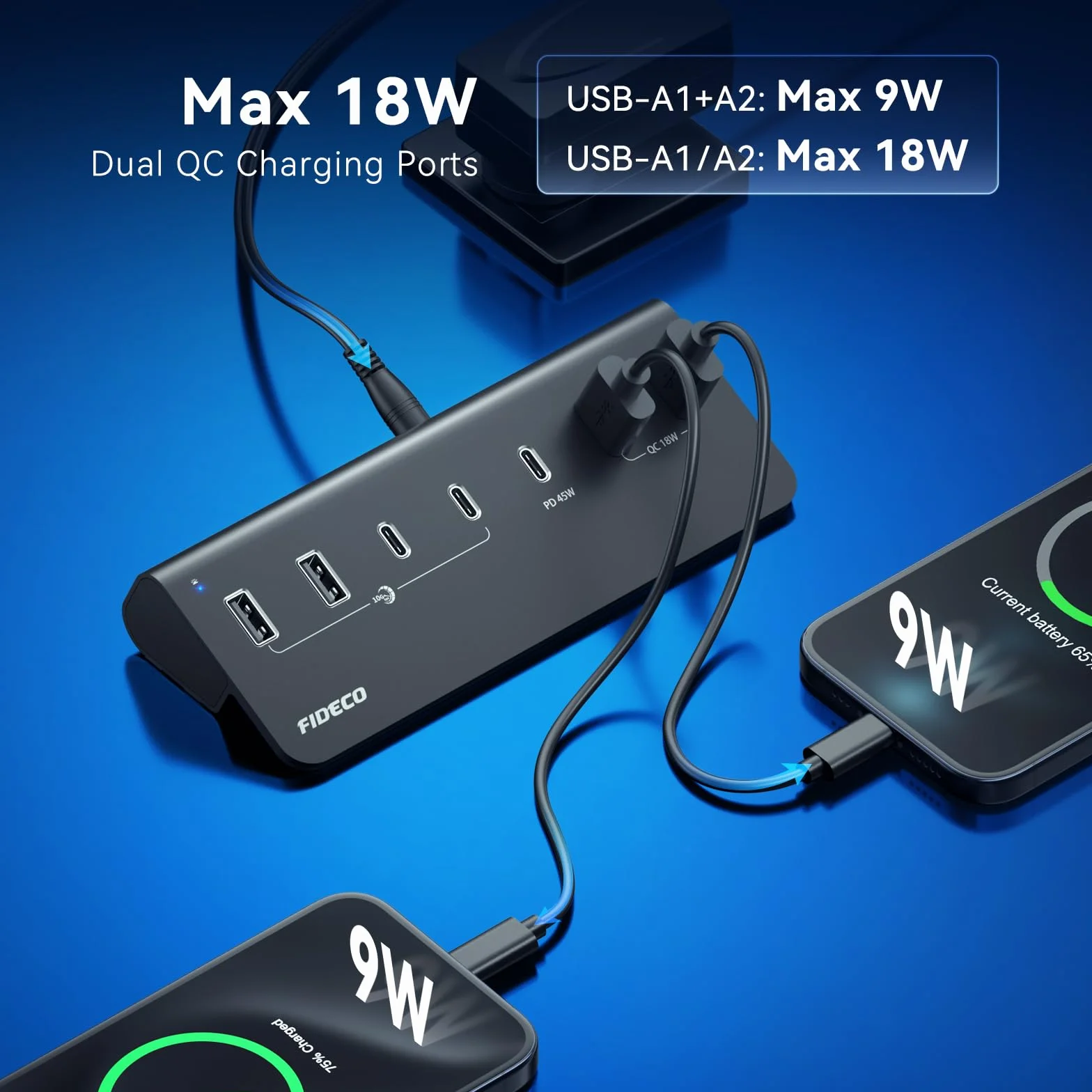 FIDECO 7-portowy hub USB 72 W, hub USB C z 1 PD 45 W, 2 portami ładowania QC 3.0 i 4 portami USB 3.2 (2 USB A + 2 USB C), aluminiowy hub USB 10 Gb/s do laptopa, komputera, MacBooka, iPhone'a 17/16/15