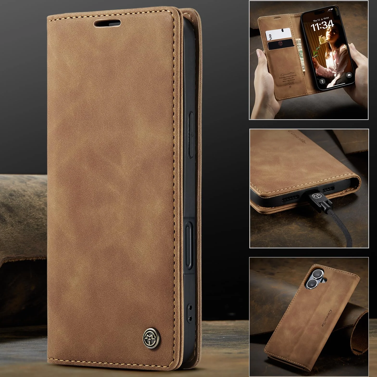 Etui do iPhone 17 5G Premium Klapką Etui ze Skóry PU,Portfel Przegródki na Karty Funkcja Stojaka Magnetyczne Wstrząsy iPhone 17,Brązowy