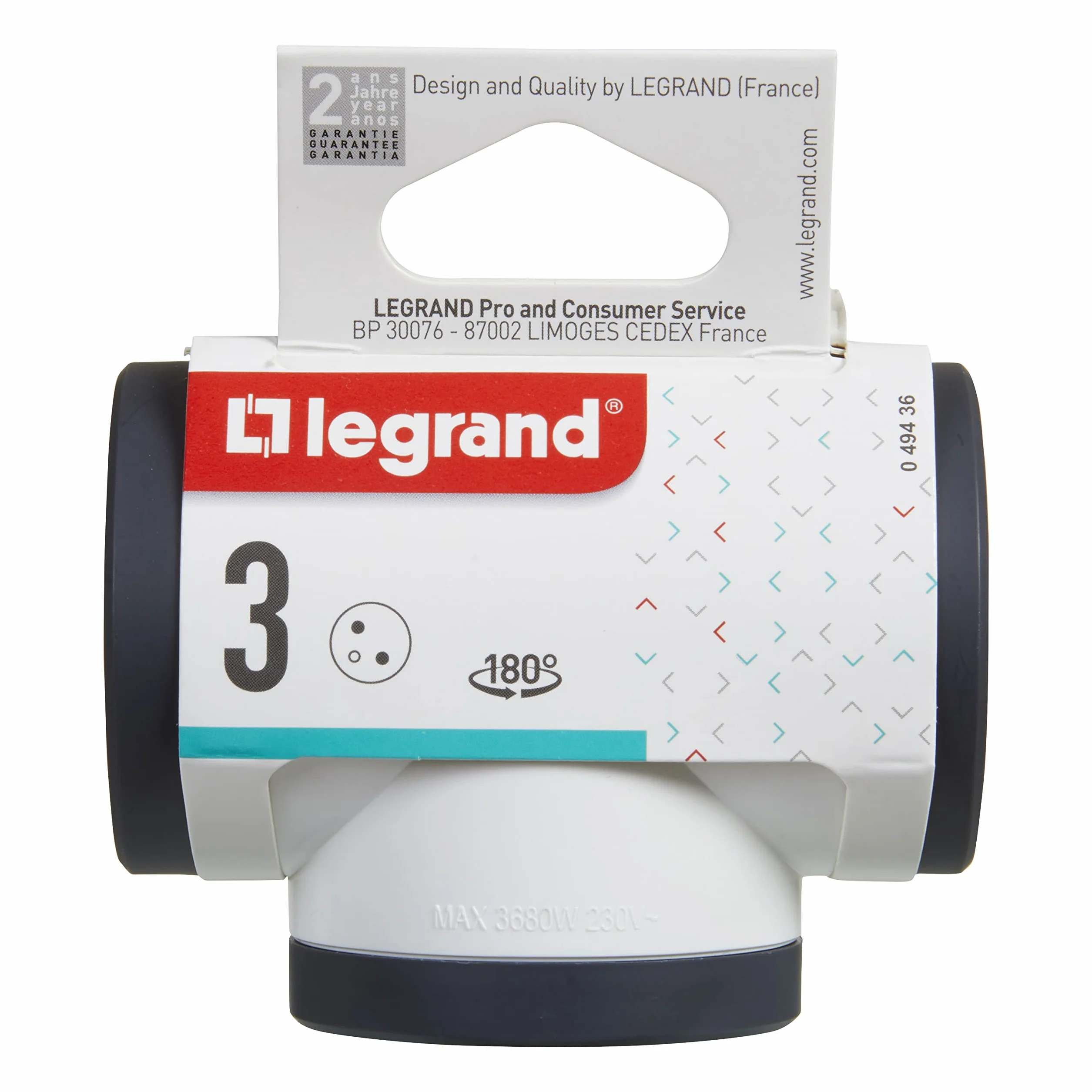 LEGRAND - Obrotowa potrójna wtyczka zasilająca - 3 boczne gniazda w kształcie litery T z uziemieniem - Wbudowane zabezpieczenie przed dziećmi - biała i ciemnoszara