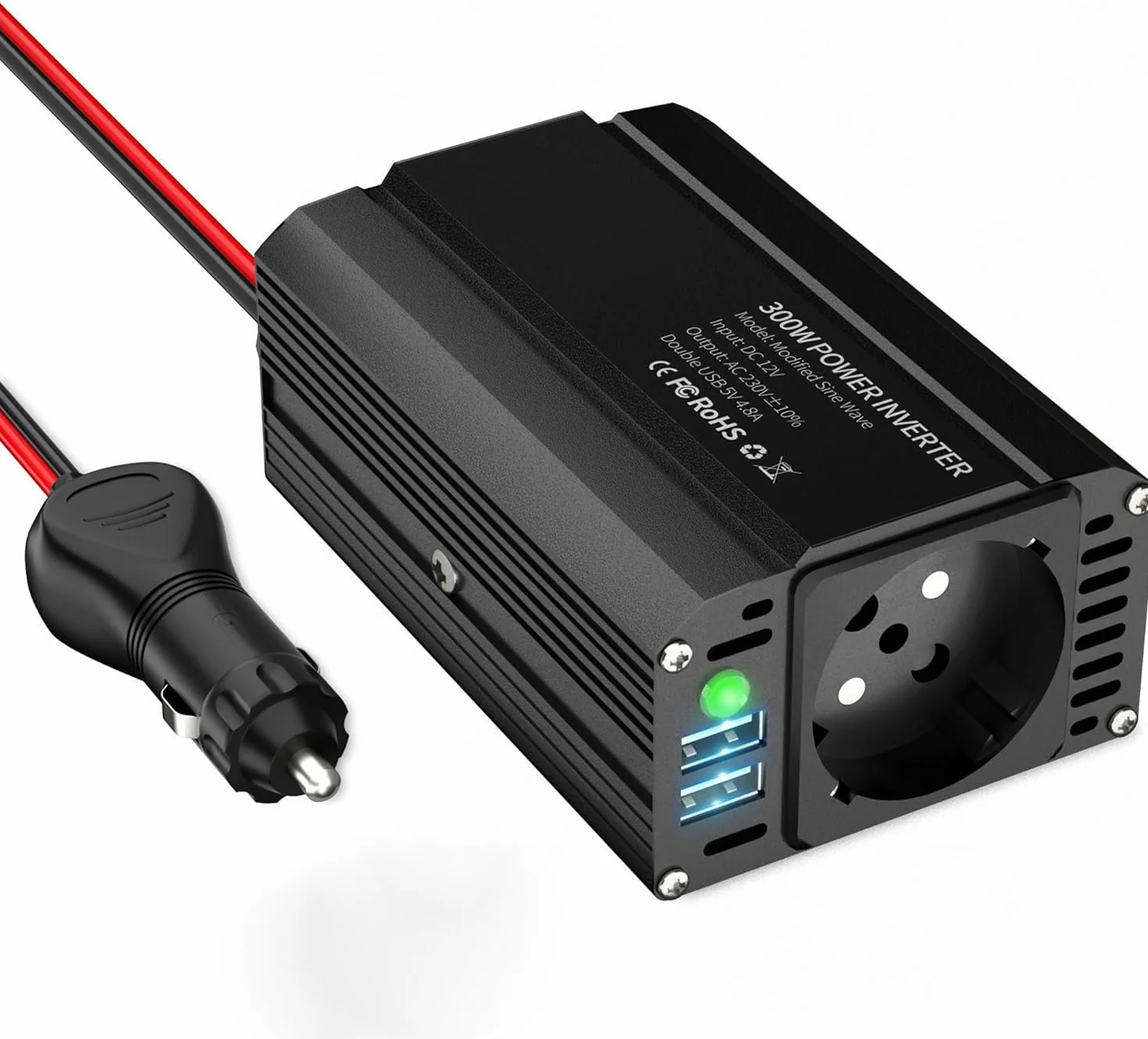 Przetwornica napięcia 300 W, 12 V na 230 V, przetwornica napięcia z gniazdem UE, 65 W USB-C PD, 18 W QC3.0, inwerter 12 V 220 V, gniazdo samochodowe do samochodu, kampera, na kemping, do ładowania
