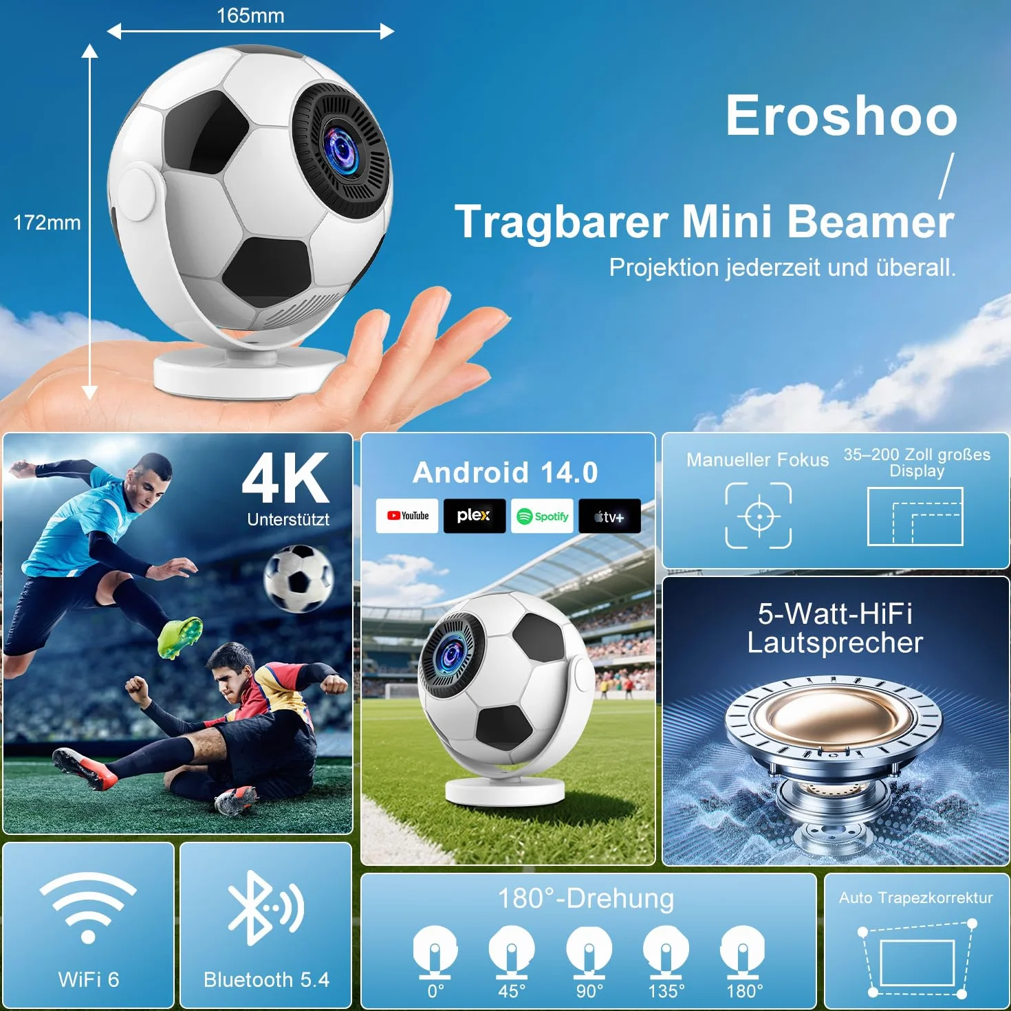 Mini projektor obsługuje 4K 2026, inteligentny projektor z systemem Android 14.0, przenośny projektor z WiFi 6 i Bluetooth 5.4, przenośny, mały projektor do kina domowego, obrót o 180°, biały