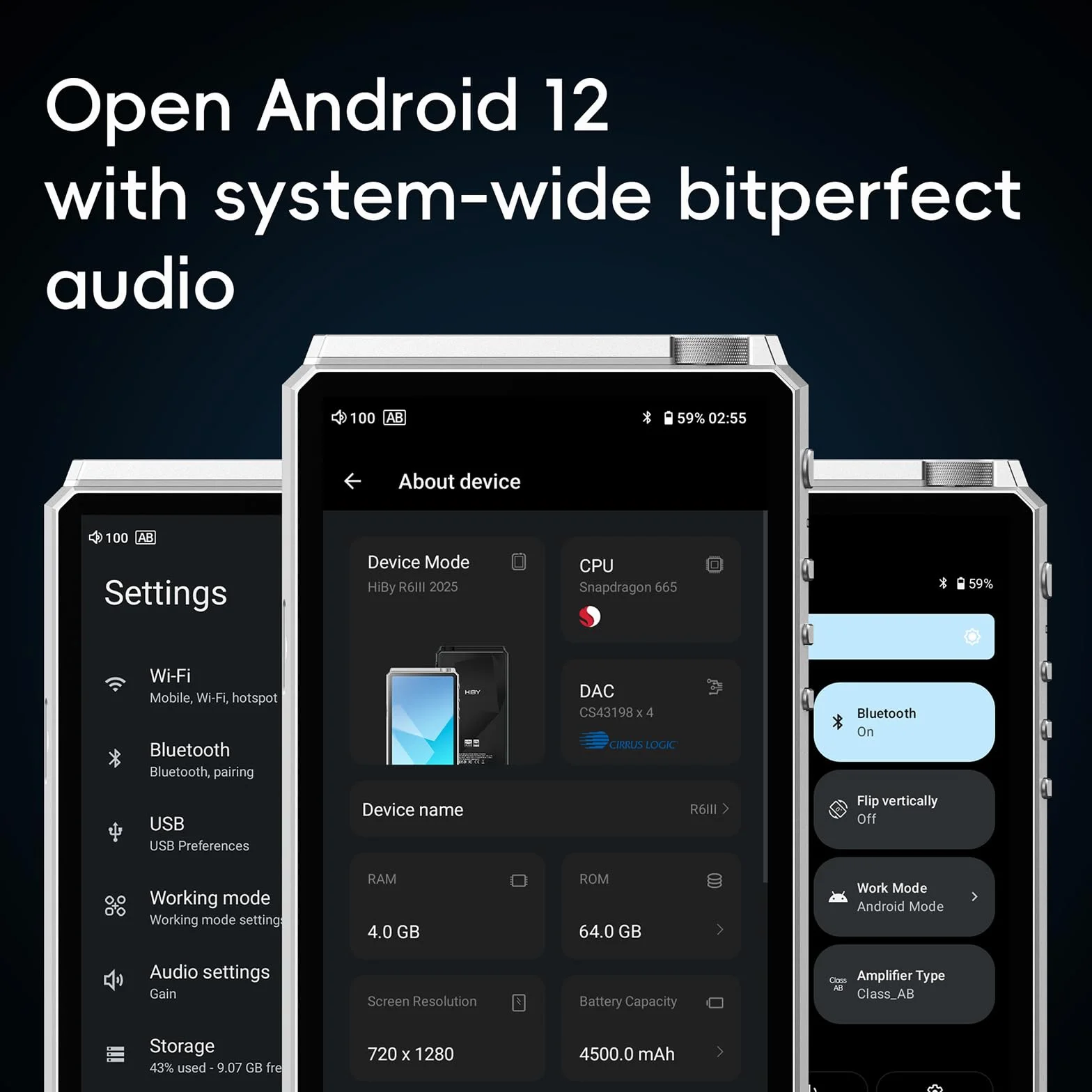 HiBy R6III 2025 Odtwarzacz DAP Hi Res Audio MP3 z wzmacniaczem klasy A i AB/Android 12/Bluetooth 5.0/WiFi/64G + pamięć rozszerzalna 2 TB