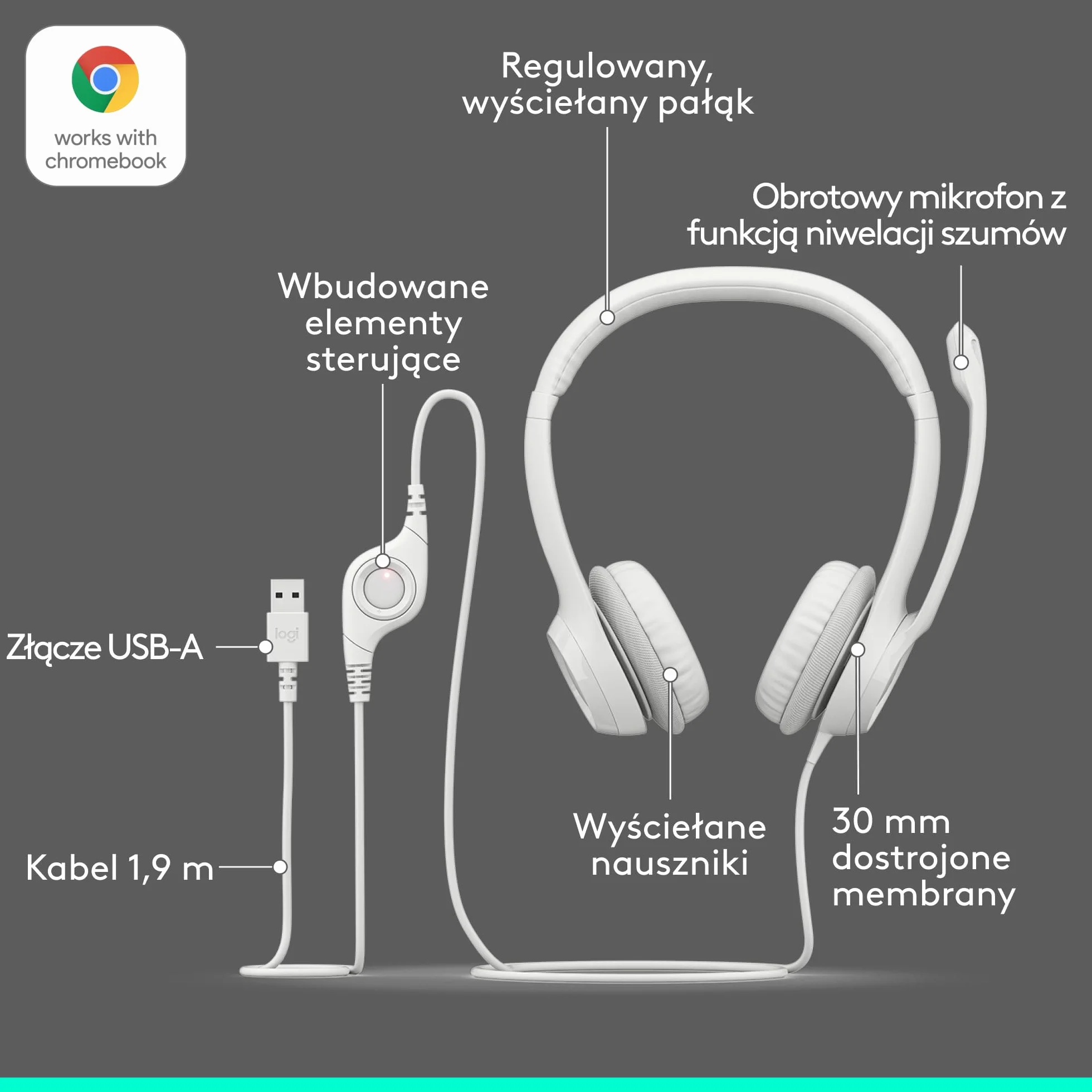 Logitech H390 Przewodowy Zestaw Słuchawkowy do PC/Laptopa, Słuchawki Stereo z Mikrofonem z Redukcją Szumów, USB-A, Pilotem na Kablu, działa na Chromebooku - Biały