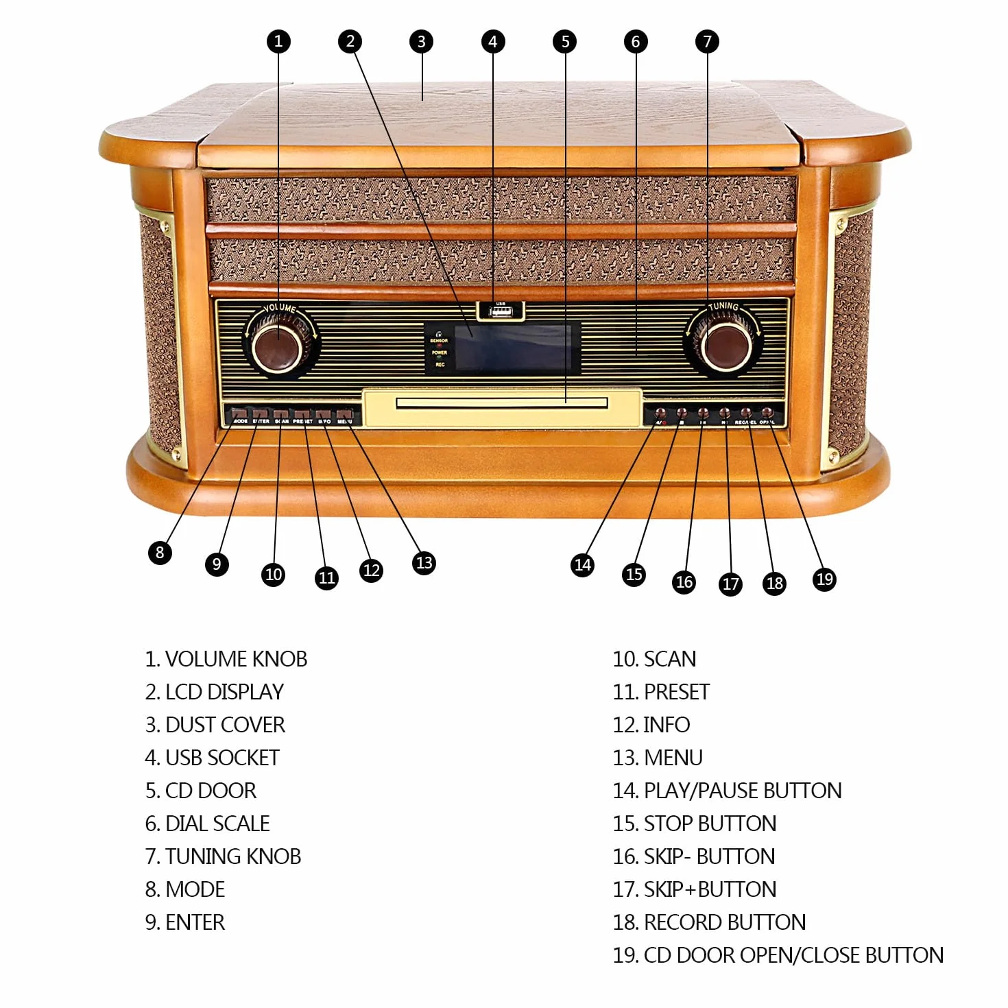 Drewniany gramofon vintage 7 w 1, odtwarzacz na kasety, płyty CD, odtwarzacz USB, odtwarzacz winylowy, Bluetooth, wbudowany system stereo, odtwarzacz z nagrywaniem, kodowanie USB, gniazdo słuchawkowe 3,5 mm, RCA AUX IN