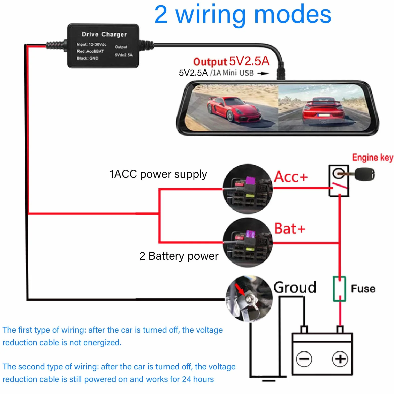 Dashcam Hardwiring Kit, Dash Cam Hardwire Kit Adapter MINI USB Wysokie Bezpieczeństwo 12V-30V do 5V Szeroko do Kamery Mirror Cam Nawigacja GPS Wykrywacz Radarów